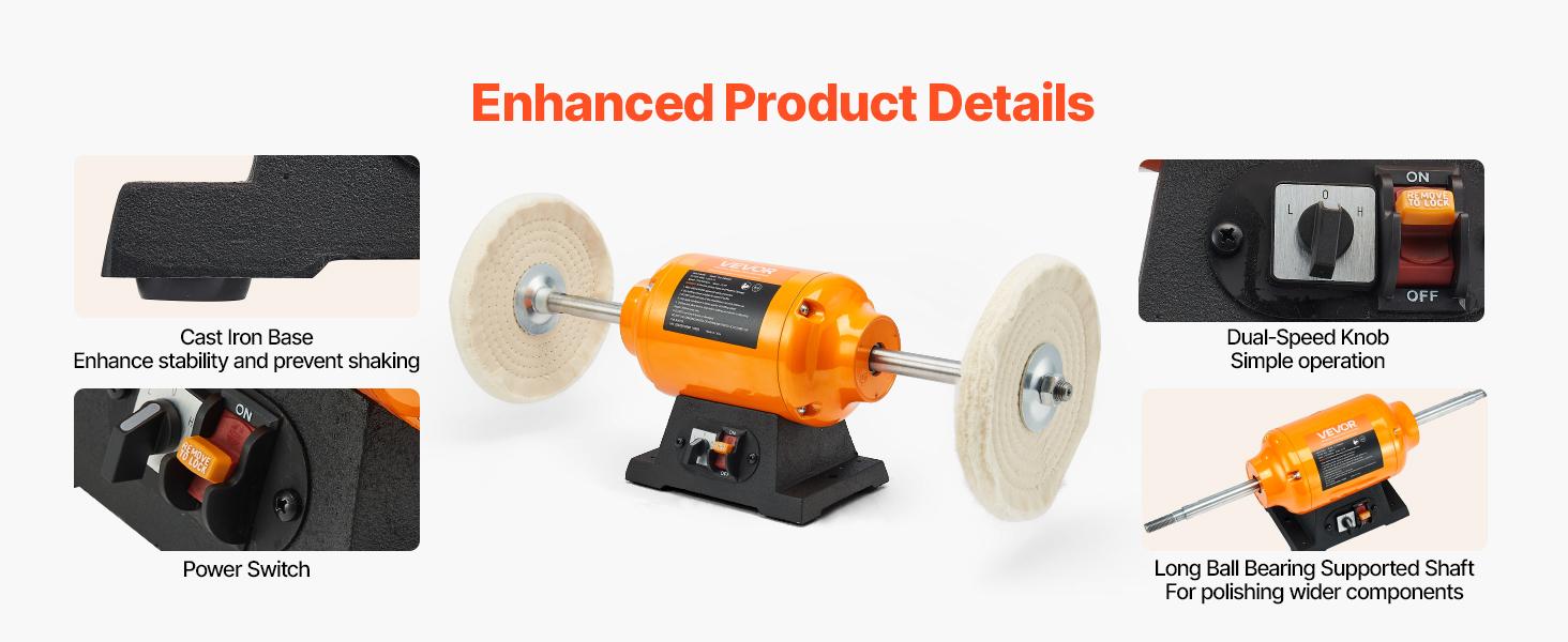 VEVOR 1/2HP Bench Buffer Polisher, 8-inch Bench Polishing Buffing Machine, 1725RPM/3450RPM Dual Speed Benchtop Polisher with 2PCS Cotton Wheels Cast Iron Base for Metal, Jewelry, Wood Polishing