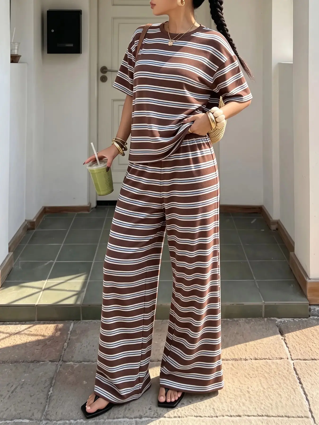 Classic Striped Lazy Set, Loose-Fit Short Sleeve + Straight Leg Pants, Versatile Sleepwear for Home and Outdoors, Women's Comfortable