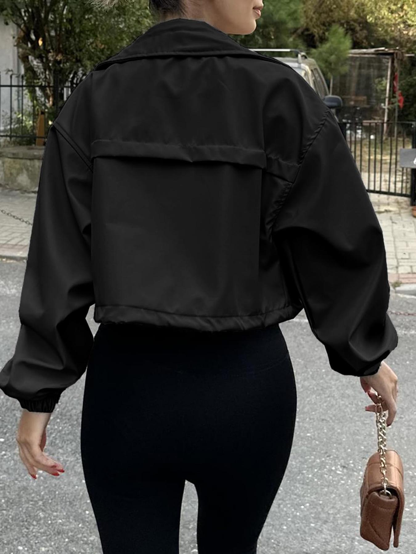 ASWULK Women's Cropped Jacket Zip Up Lightweight Oversized Utility Coat with Pockets for Spring and Fall Wear Adjustable Drawstring Snap Button Zipper ASWULK Women's Cropped Jacket Zip Up Lightweight Oversized Utility Coat with Pockets for Spring and Fall Wear Adjustable Drawstring Snap Button Zipper