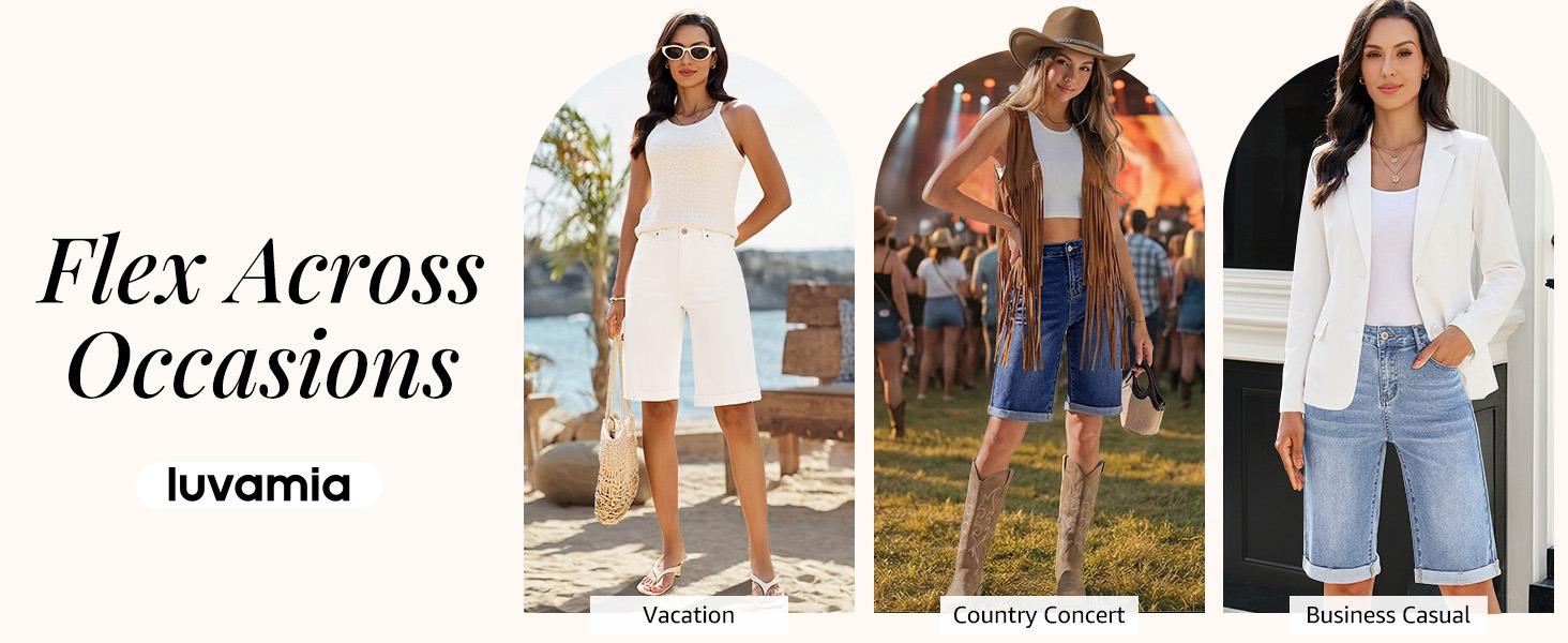 luvamia Bermuda Jean Shorts for Women Knee Length High Waisted Rolled Hem Casual Summer 12'' Inseam Long Denim Shorts