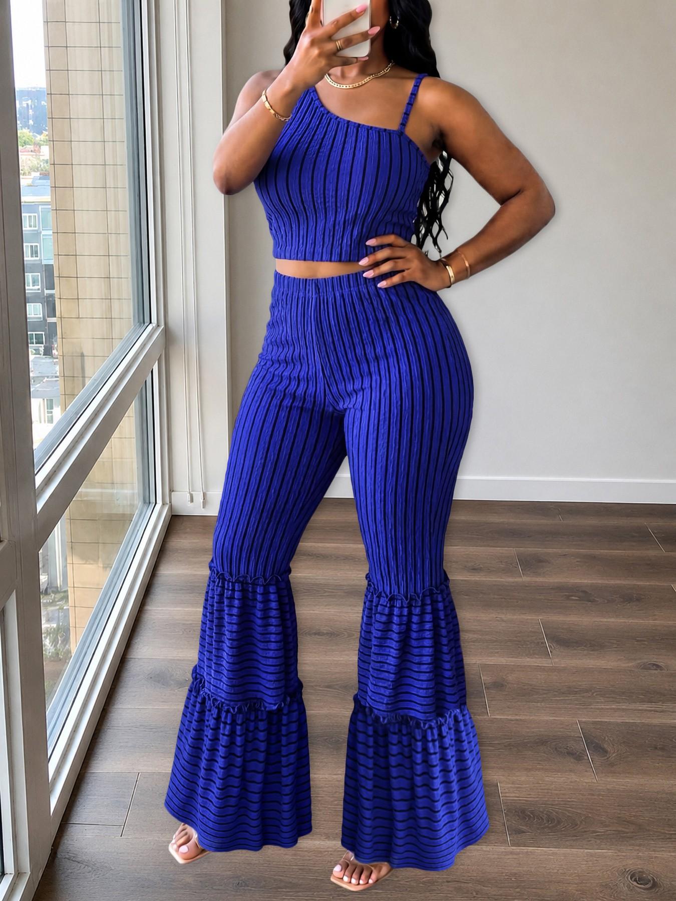 Women's Summer Striped Two-Piece Set, Lightweight Sleeveless Top and Ruffled Bell Bottom Pants, Chic Outfit for Casual Wear, Summer Vacation and Street Style