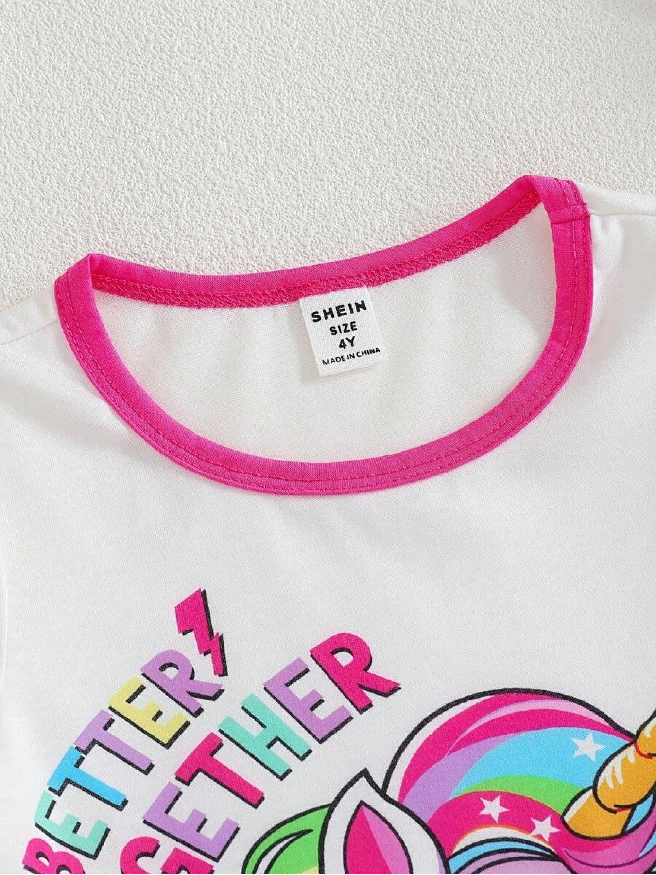 2pcs/Set Young Girls Colorful Unicorn & English Print Round Neck Short Sleeve T-Shirt And Elastic Waist Loose Shorts, Casual & Sports Outfit For Summer, School, Campus, College