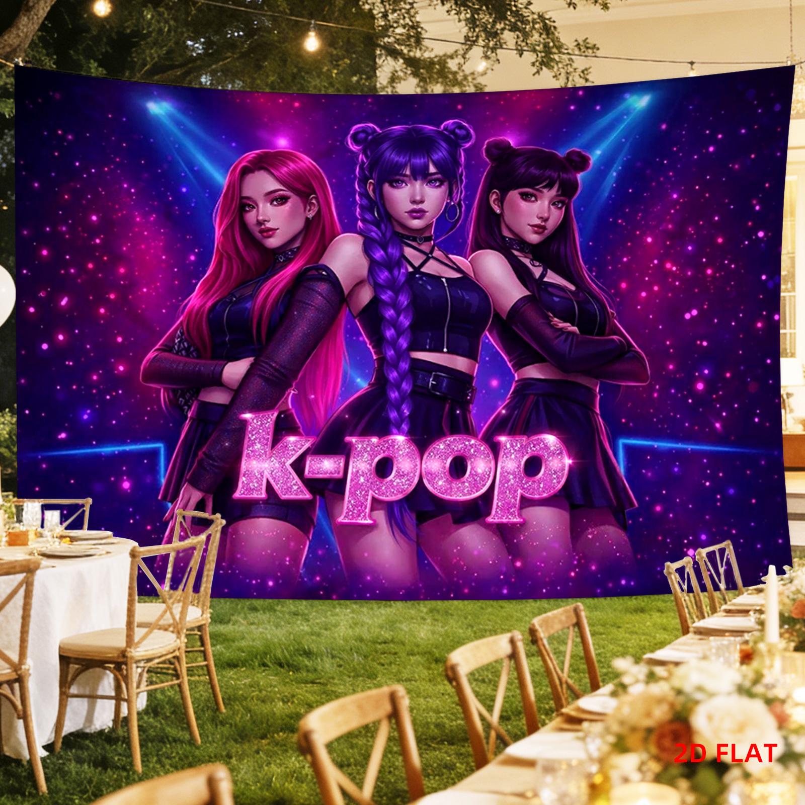 Two-dimensional plane pattern printed tapestry - Korean pop idol group, music ensemble, bright colors, purple background, performance scene, room wall decoration,suitable for living roomoffice,party decoration funny decorative tapestry durable man