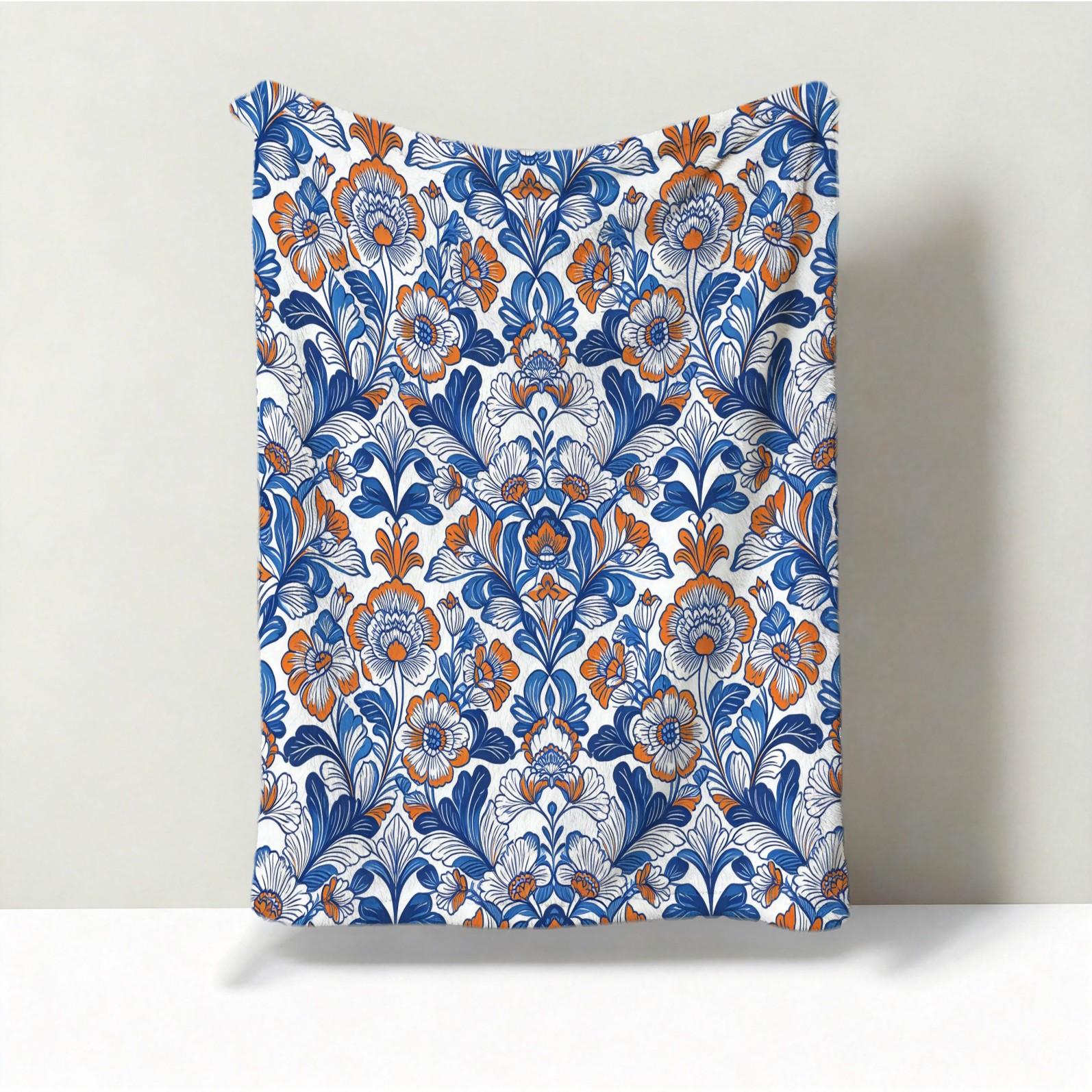 1 Piece Bohemian Blue Orange Floral Throw Blanket, HD Digital Single-Sided Printed Flannel Blanket, Super Soft Cozy Plush Gift Blanket for Sofa, Bed, Travel and Camping Decor