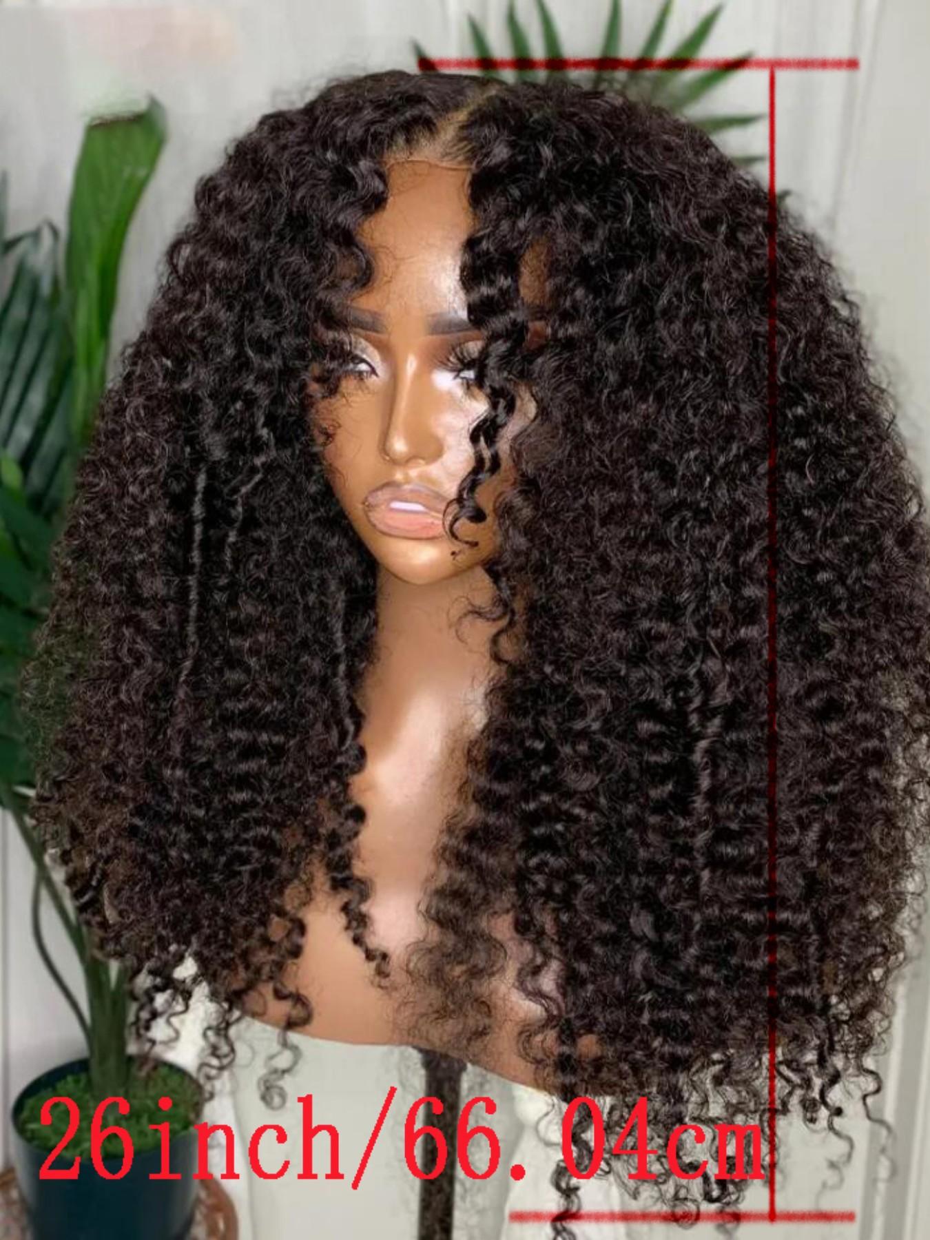 Soft Long 26-Inch 180 Density Natural Black Kinky Curly Lace Front Wig, Glueless Pre-Plucked Synthetic Heat Resistant Daily Wear Hairpiece Kinky Curly Wigs Lace Frontal Wigs
