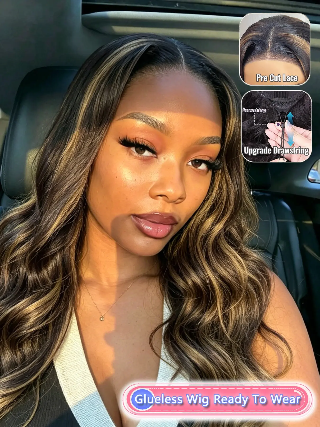 Highlight Mix Color Human Hair Wig for Women, Loose Body Wave Texture, 5x5 Glueless Lace Closure Wig, Naturally Blended Hairline, Soft Bouncy Movement, 20 Inch Long Wavy Style, Breathable Adjustable Cap
