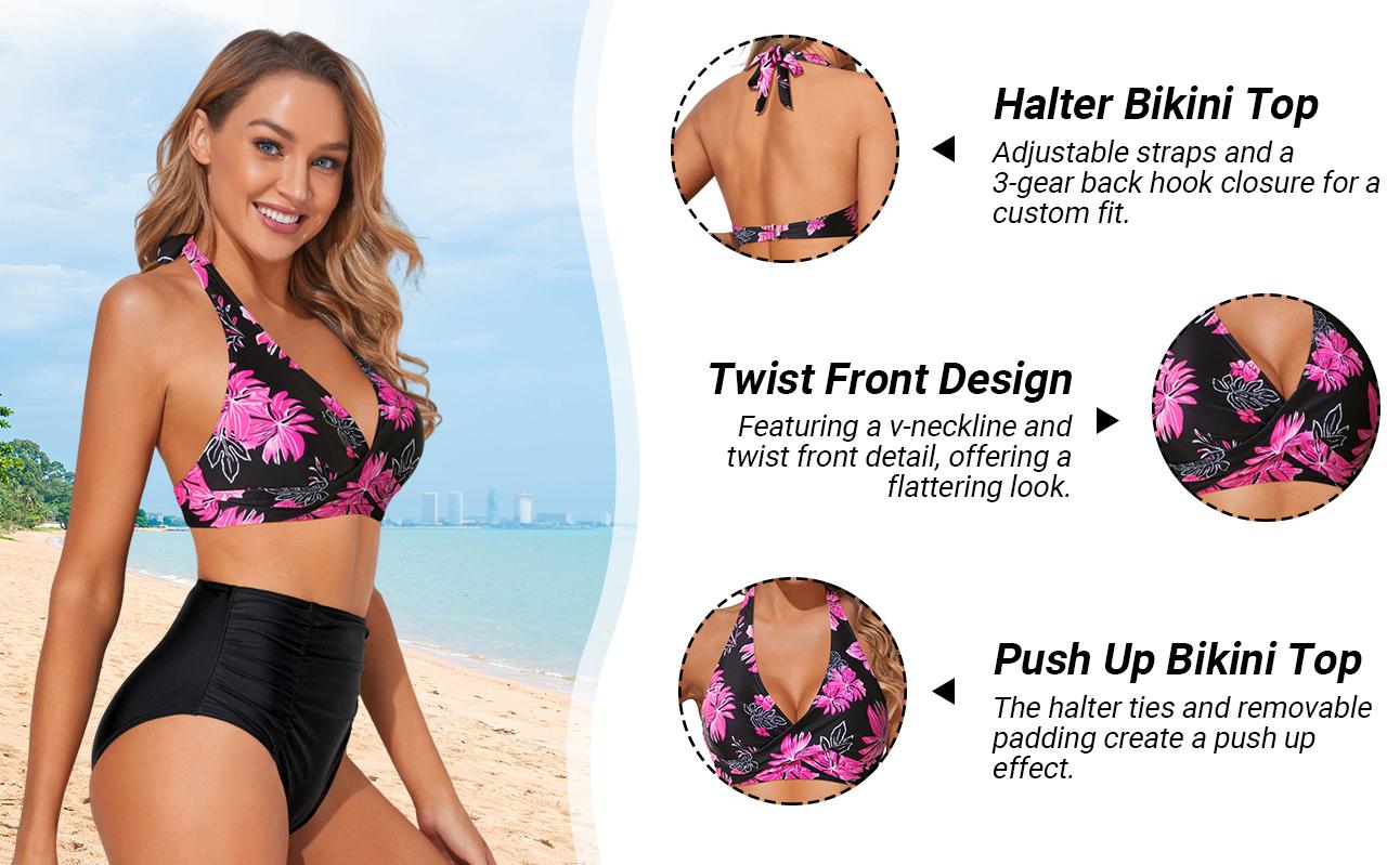 Holipick Women Halter Bikini Top Push Up Bathing Suit Top V Neck Full Coverage Swimsuit Top Only