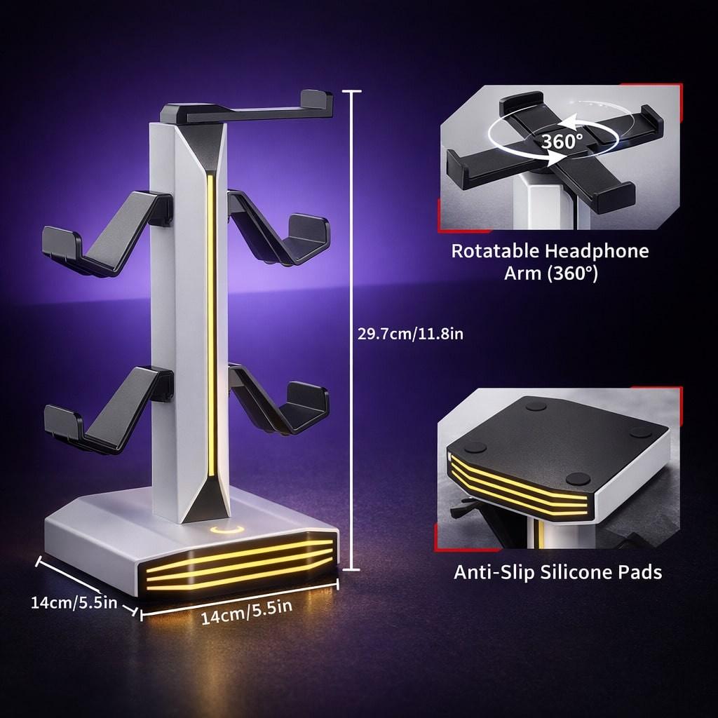 Headphone & Controller Stand with RGB Light, Rotatable Headset Stand, 9 Light Modes, 2 USB and Type-C Ports, Gaming Accessories