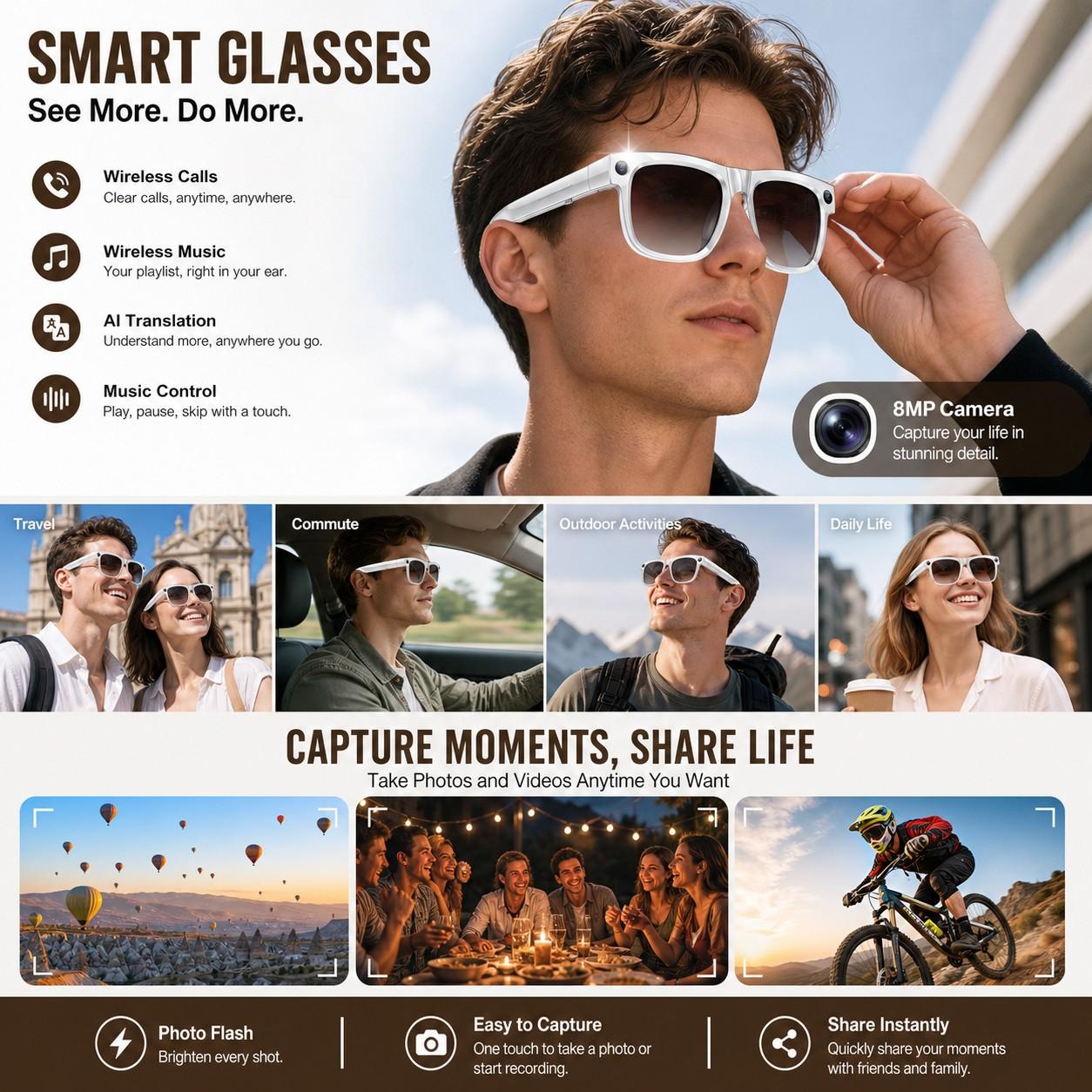 SENBONO Smart Glasses with Magnetic Charging Battery, Support Photo Video Audio Recording, Offline Local Capture with Sync After Reconnection, Travel and Outdoor Use