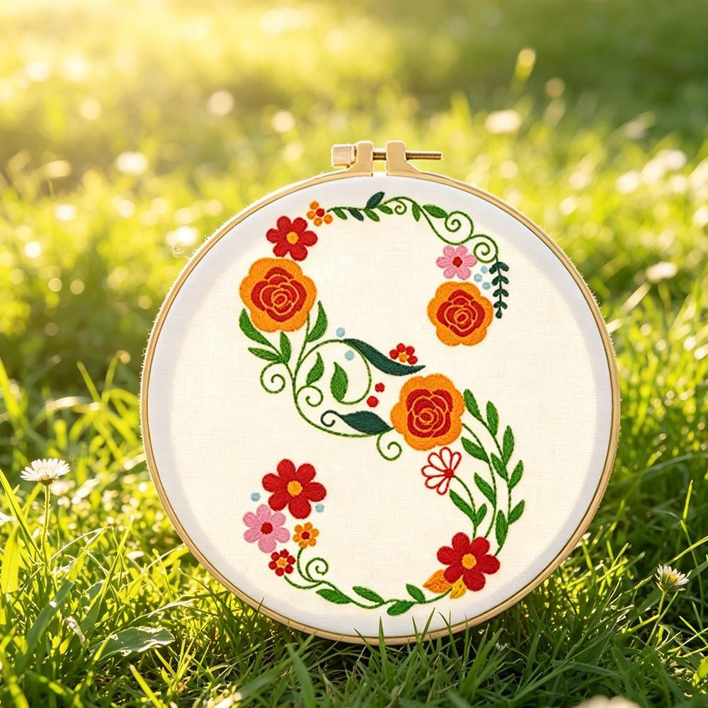 Creative Floral Letter Embroidery Kit, Beginner-Friendly Sewing Art Set, Includes Embroidery Cloth, Threads, Tools(random color), Instructions, Unique Home Decor, Gift, Souvenir