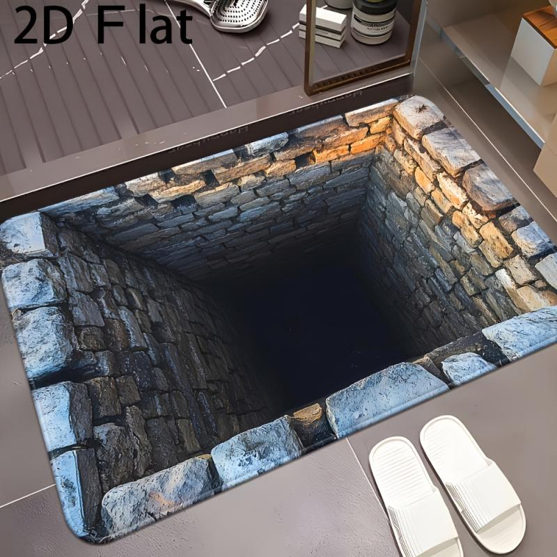 2D Flat - 1pc Realistic Stone Masonry Deep Pit Door Mat, A Unique Addition To Your Rug Collection, Ideal For Home Entryway Welcome Mats, Kitchen, Living Room, Bathroom, Bedroom - Rectangular, Kitchen Entry Mat, Ambient Decorative Floor Mat, 2D Flat