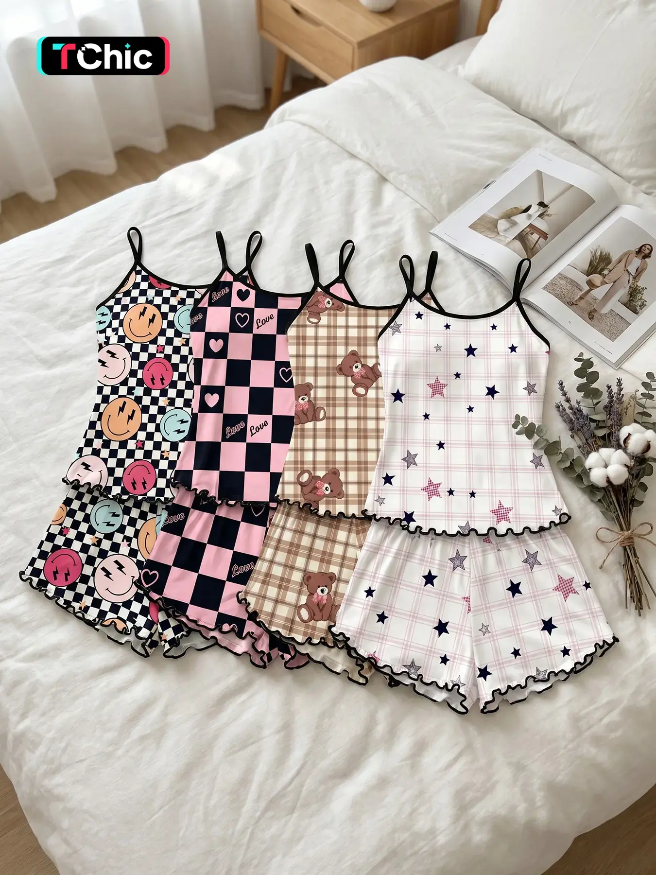 Women's 4 Piece Spaghetti Strap Cami Top and Shorts Pajama Sets Nightwear, All Season Wear, Y2K Checkered Smiley Bear Star Print Ruffle Hem, Y2K Aesthetic, Loose Breathable for Home & Casual Wear