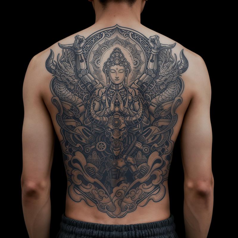 Cyber Mechanical Buddha Sun Wukong Full Back Tattoo Waterproof Temporary Tattoo Sticker Magic Tattoo Lasts 7-15 Days Herbal Juice Semi Permanent Tattoo Large Pattern Simulation Tattoo