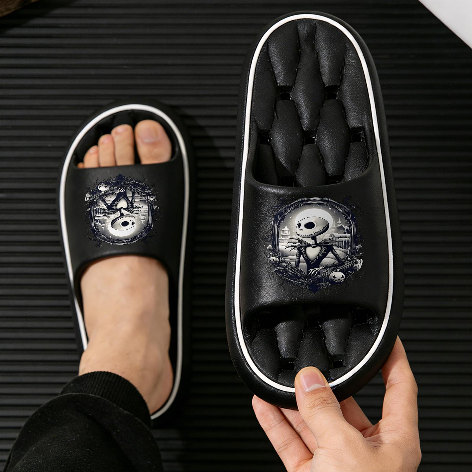 Halloween The Nightmare Before Christmas Jack Skellington Print Slippers Unisex Soft Sole Slides For Indoor And Outdoor Wear Halloween Party Cosplay Footwear Comfortable Non Slip Dark Style Casual Slipp