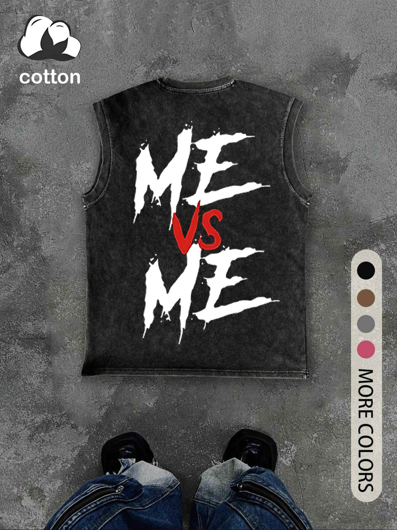 Men's Vintage Distressed "ME VS ME" Print Round Neck Tank Top, Regular Fit Casual Fashion Crew Neck Sleeveless Top for Summer, Men's Clothes for Daily Wear, Socks