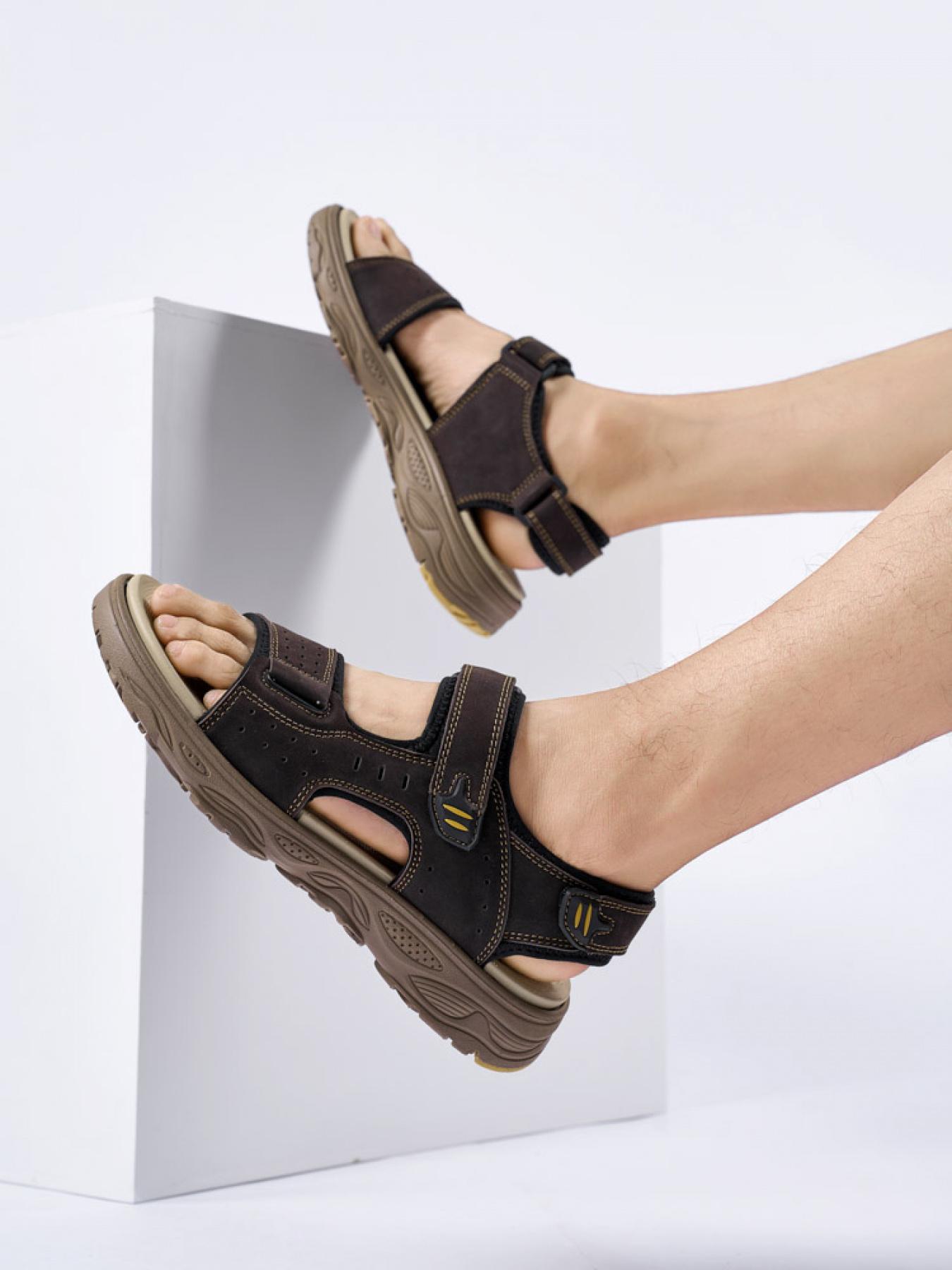 Men's Dark Gray Velcro Outdoor Sandals Breathable Non-Slip Beach Shoes Soft Sole Wear-Resistant Hiking Sandals