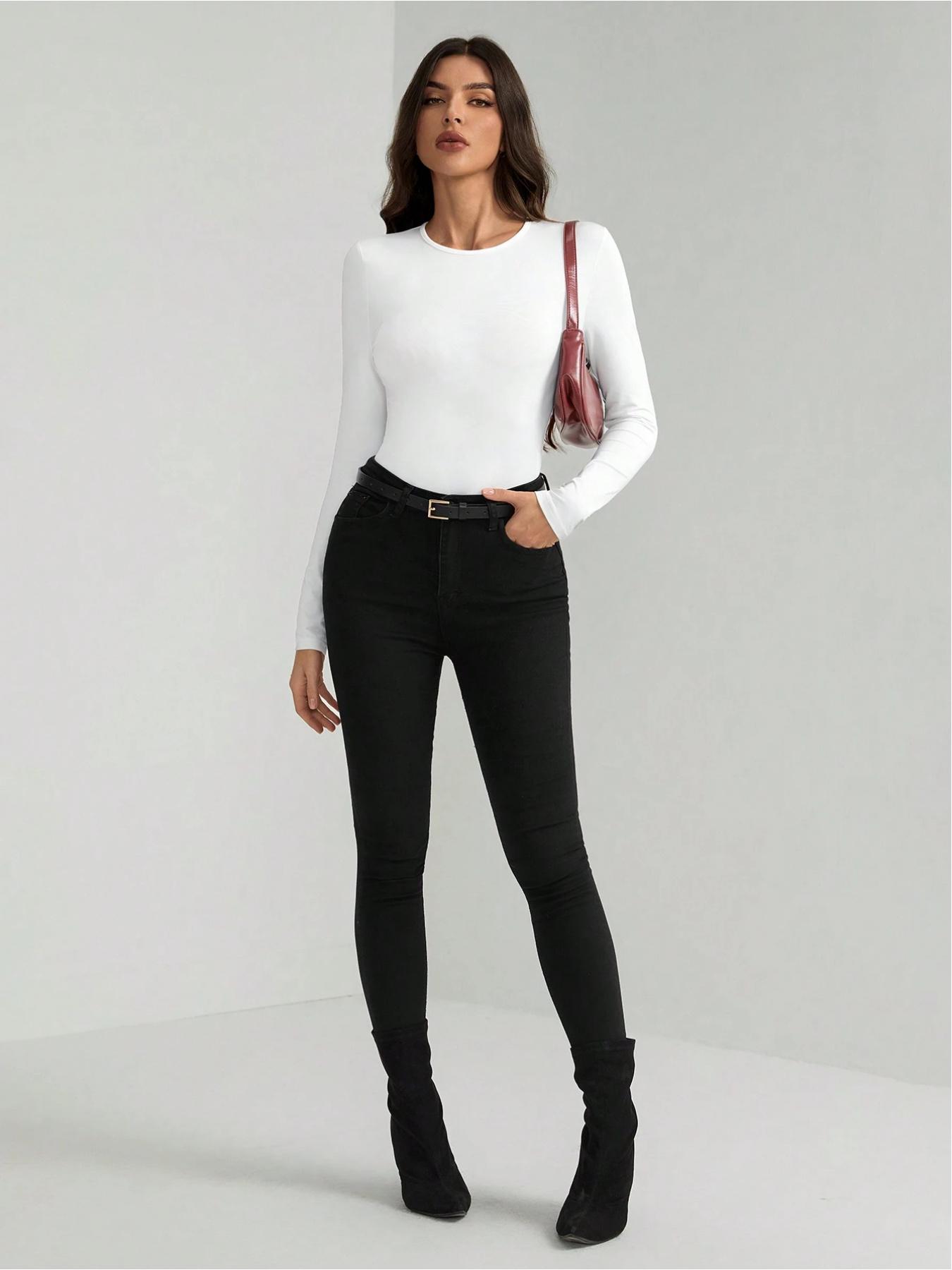 Women's Autumn Basic Solid Color Versatile Fitted Long Sleeve Bodysuit, Slim Fit Design, Suitable for Home, Sports, Work, Shopping, Gatherings and Bars.