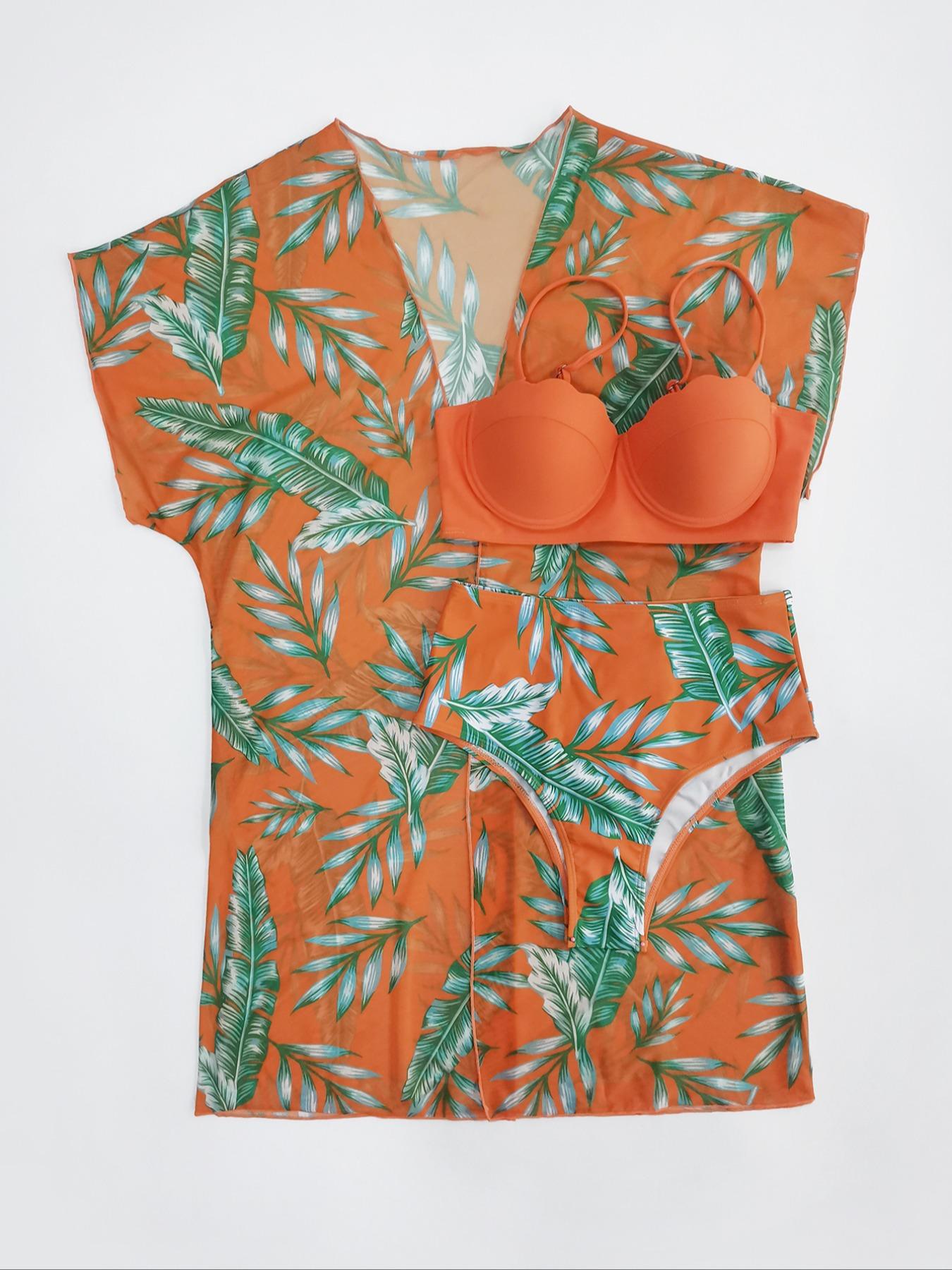 Women's Leaf Print Swimsuit Set, Boho Spaghetti Strap Push Up Swim Bikini Tops & Cover Up & High Waist Panty, Bikini Sets, Boho Style Summer Beach Swimwear Set for Women, Swimsuits Bikinis, High Waisted Bikini Sets, Tropical Print Bikinis