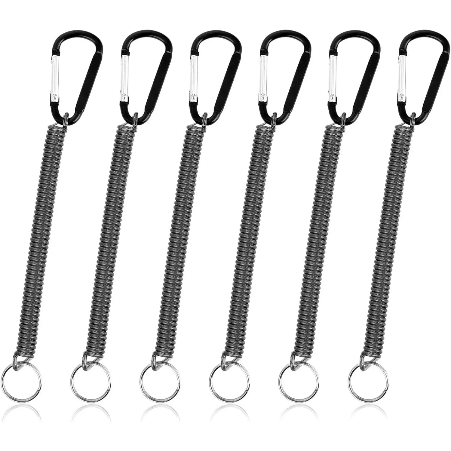 6 PCS Black Heavy Duty Retractable Coiled Fishing Lanyards Steel Wire Coil Cord Keychain Tether for Fishing Tools Pliers Boating Kayak