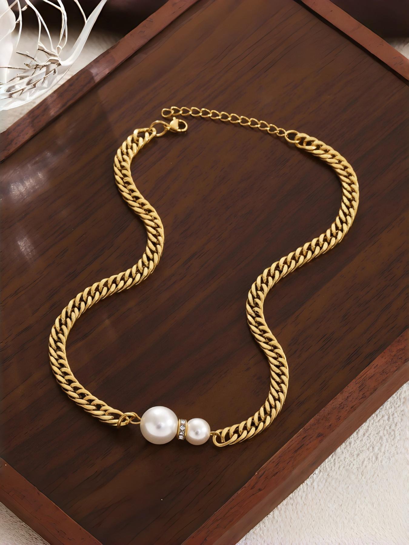 Perfect Size Pearl Stainless Steel Cuban Chain Necklace, Simple Design, Ideal Gift, Daily Wear Jewelry, Elegant and Stylish