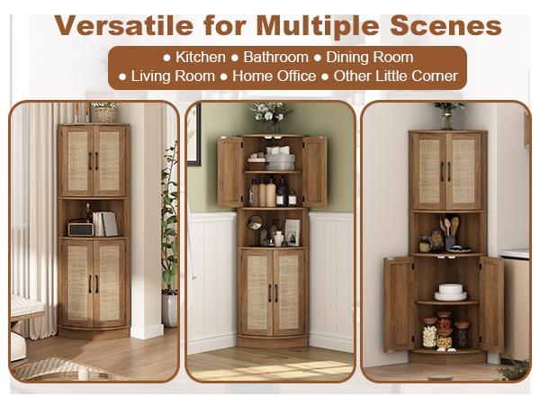 PieDle Furniture Tall Bohemian Rattan Corner Storage Cabinet - 4 Doors, 5 Shelves, 64.7" Height, Ideal for Living Room, Kitchen, Bathroom & Office Organization