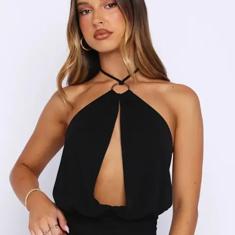 Women Summer Sexy Sleeveless Backless Solid Deep V Halter Party Club Black Tank Top Camis