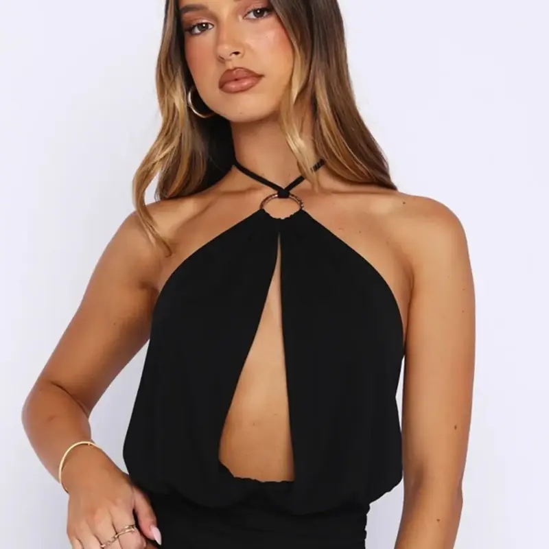 Women Summer Sexy Sleeveless Backless Solid Deep V Halter Party Club Black Tank Top Camis
