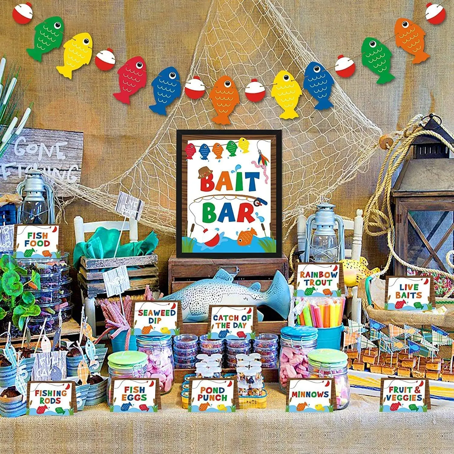 Yaaaaasss!Gone Fishing Party Decorations Fishing Birthday Party Decor| Include Fishing Banner Food Labels Bait Bar Bobber Dessert Food Buffet for Fishing Themed Party Decorations