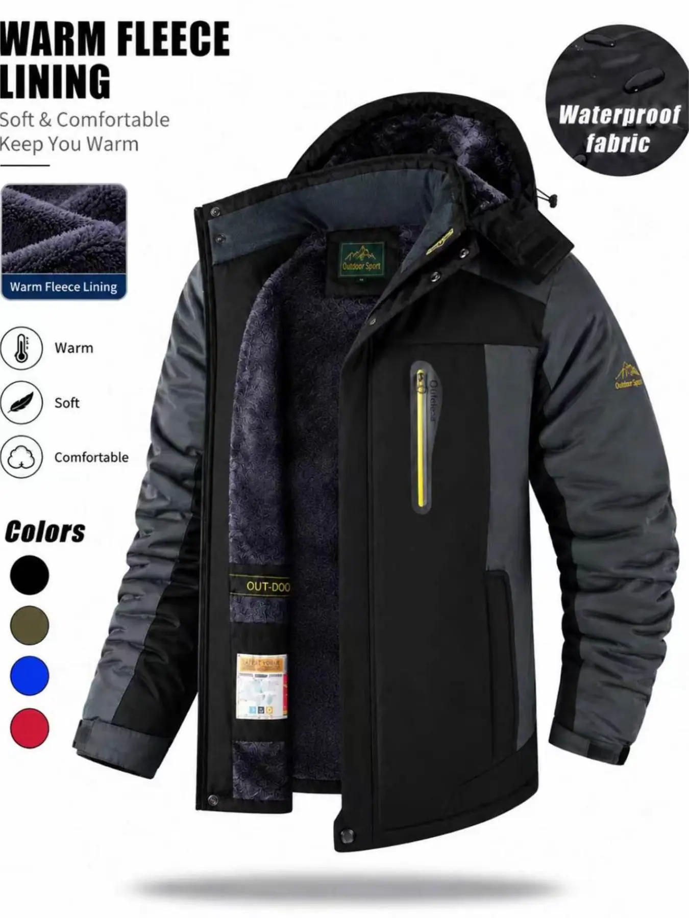 Men's Outdoor Thickened Down Jacket, Windproof Waterproof Warm Large Size Hiking Coat, Detachable Hat, Multiple Colors Available, Insulated Hiking Jacket