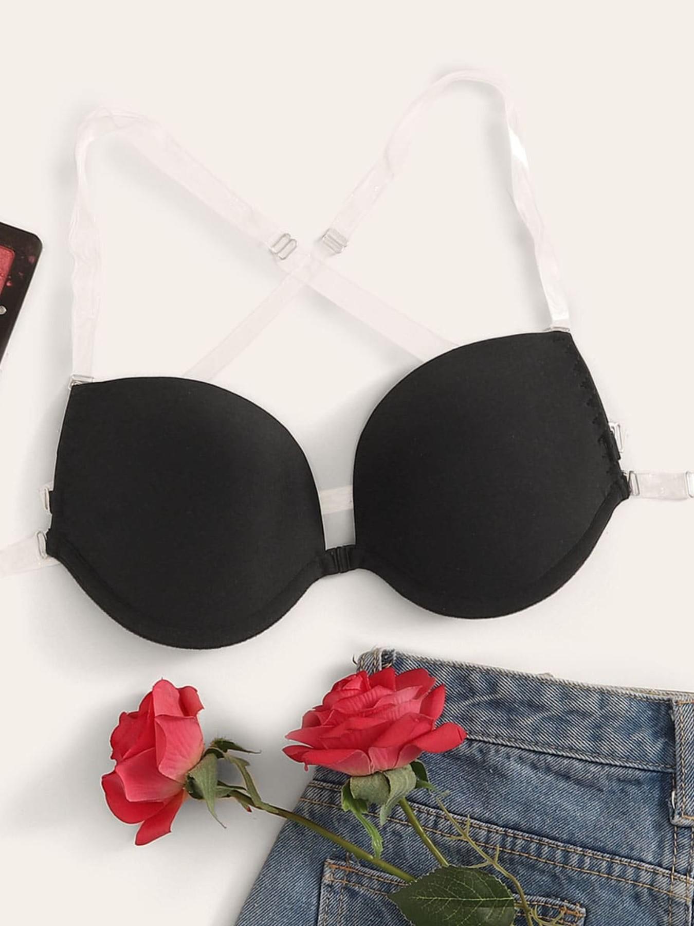 Front Closure Invisible Backless Bra with Clear Straps, Push Up Seamless Bra for Formal Evening Dress Wedding Outfits, Front Close Bra