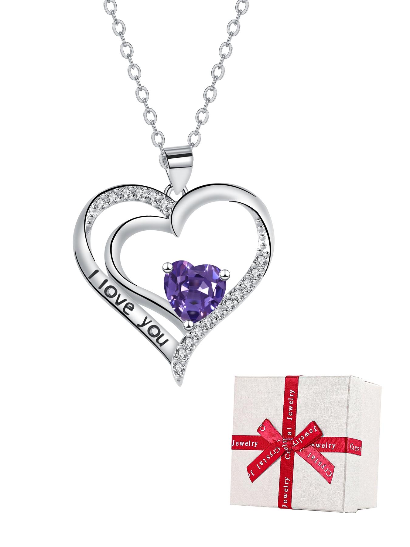 Heart Shaped Cz Birthstone Necklace, I Love You Pendant, Mos Bear Rose Jewelry Gift Box, Girlfriend Birthday Anniversary Present, Exquisite Jewelry Gift