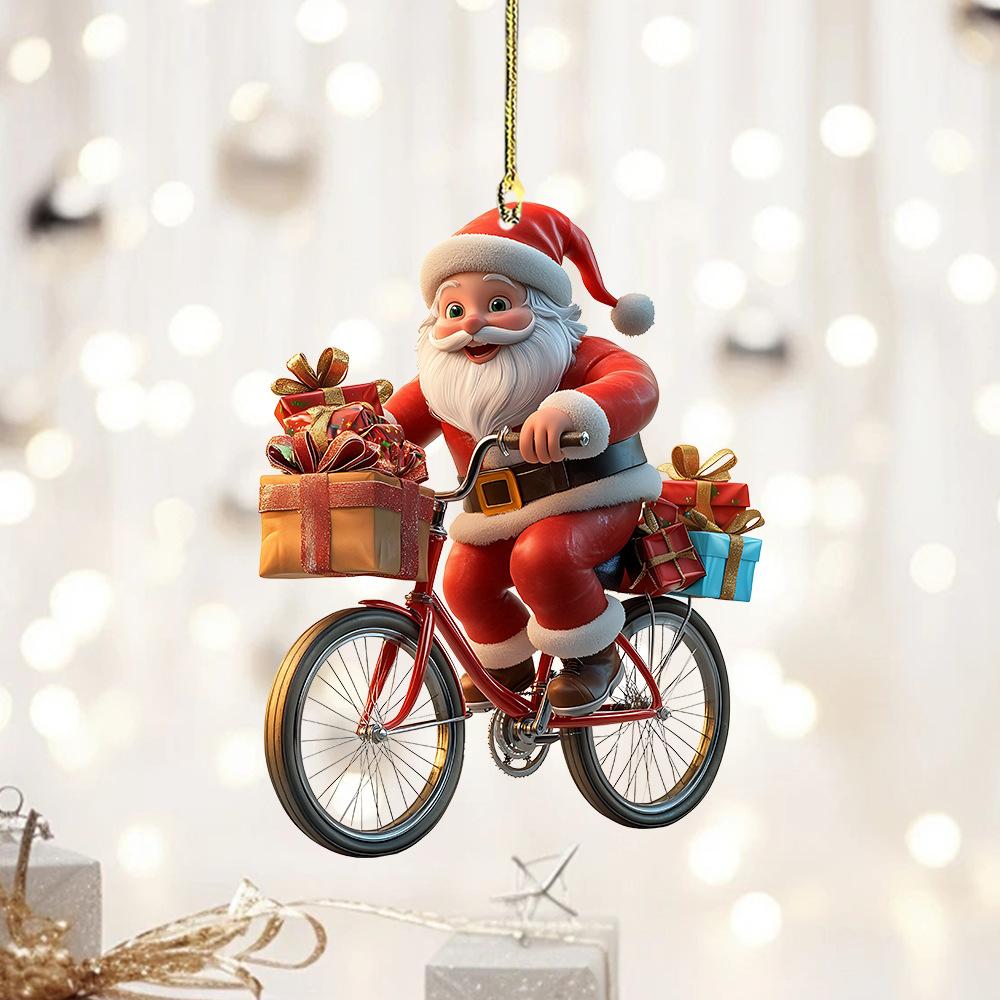 Acrylic Santa Claus Bicycle-Riding Christmas Tree Ornament, Fashion Keychain-Costume Jewelry Accessory for Car Interior or Backpack Charm, Holiday Gift