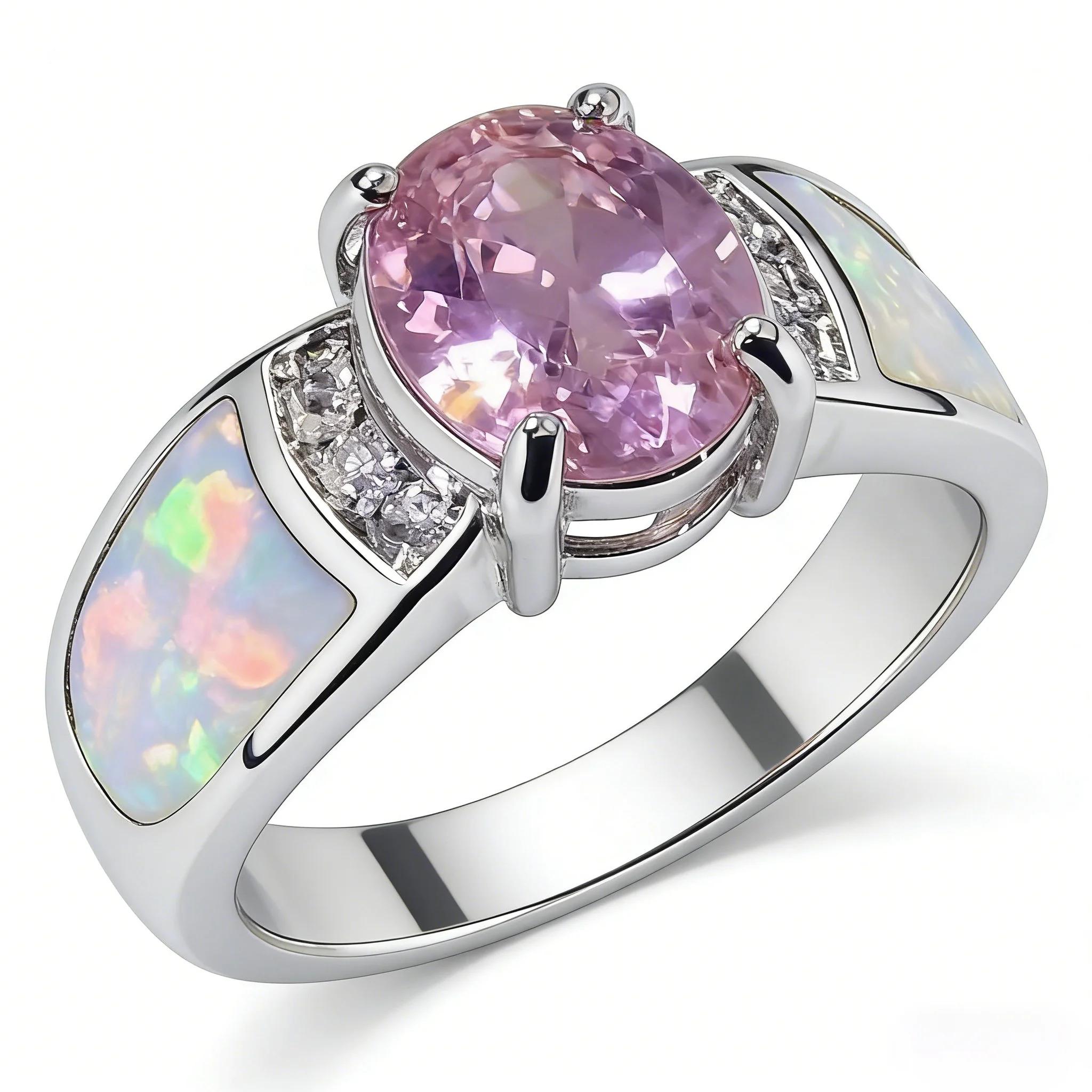 White K Plated Synthetic Fire Opal Colorful Zircon Fashion Jewelry For Women Cocktail Ring Anniversary Gifts for Her