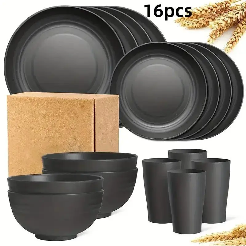 16pcs Unbreakable Dinner Plates, Wheat Straw Dinnerware Service Set, Microwave Dishwasher Safe, Reusable Dinnerware, Dishware Sets, Black Set 8pcs Plates, 4pcs Bowls, 4pcs Cups, Modern Tableware Sets