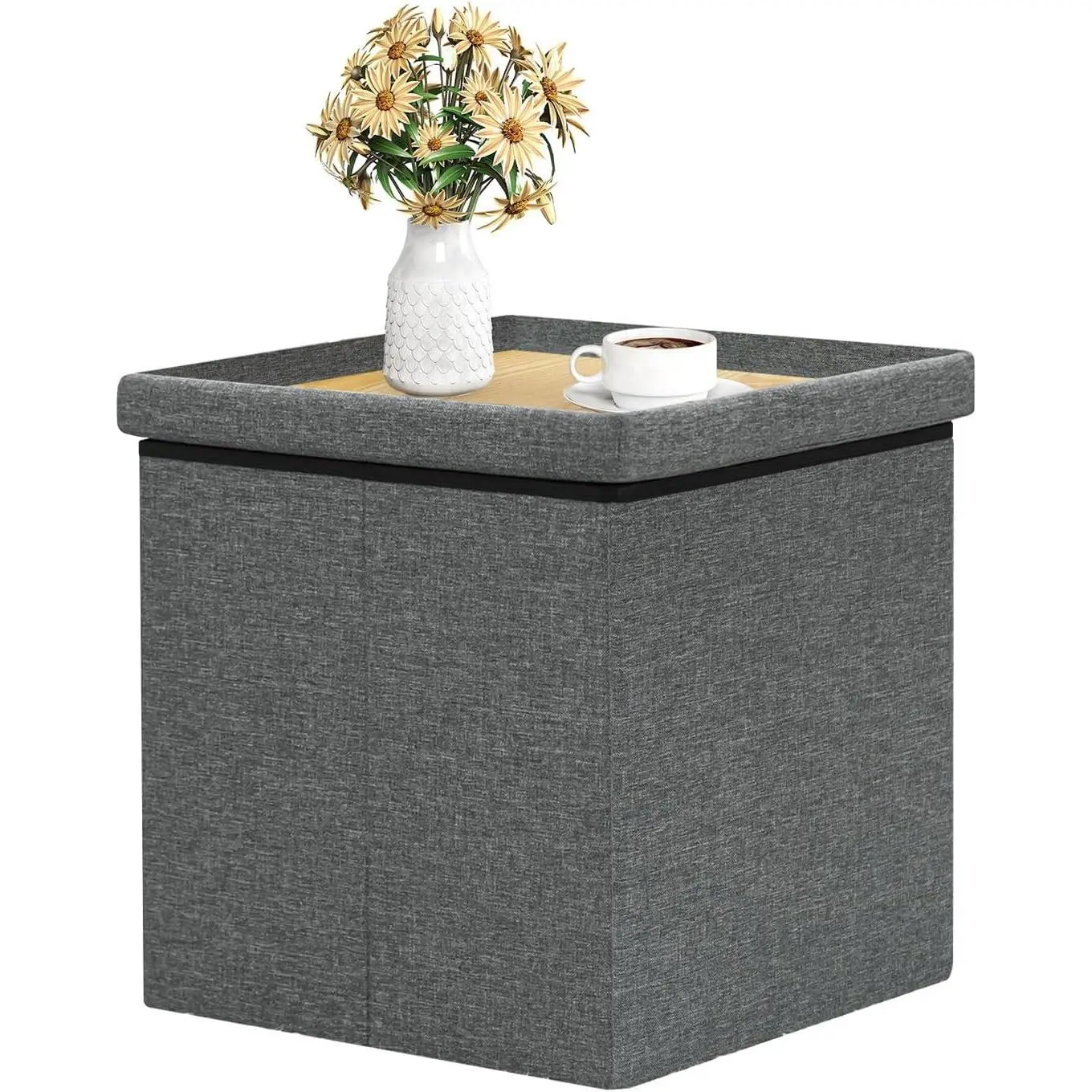 Storage Ottoman with Tray, 16" Linen Small Ottomans Cube,Grey
