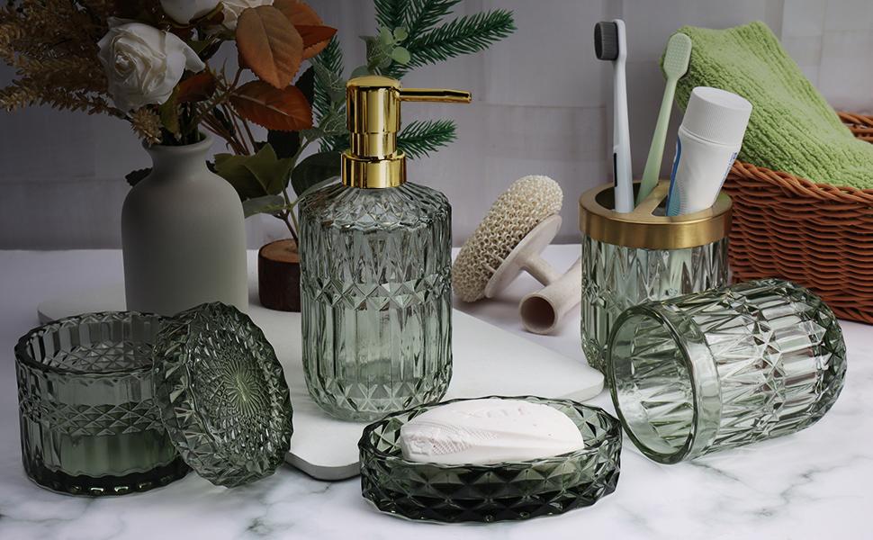 PLL Green Bathroom Accessories Set, 5Pcs Clear Glass Bathroom Accessories, Vanity Bathroom Decor, Hand Soap Dispenser, Soap Dish, Toothbrush Holder Set, Modern Countertop Organizer, Housewarming Gift Set PLL Green Bathroom Accessories Set, 5Pcs Clear Glass Bathroom Accessories, Vanity Bathroom Decor, Hand Soap Dispenser, Soap Dish, Toothbrush Holder Set, Modern Countertop Organizer, Housewarming Gift Set