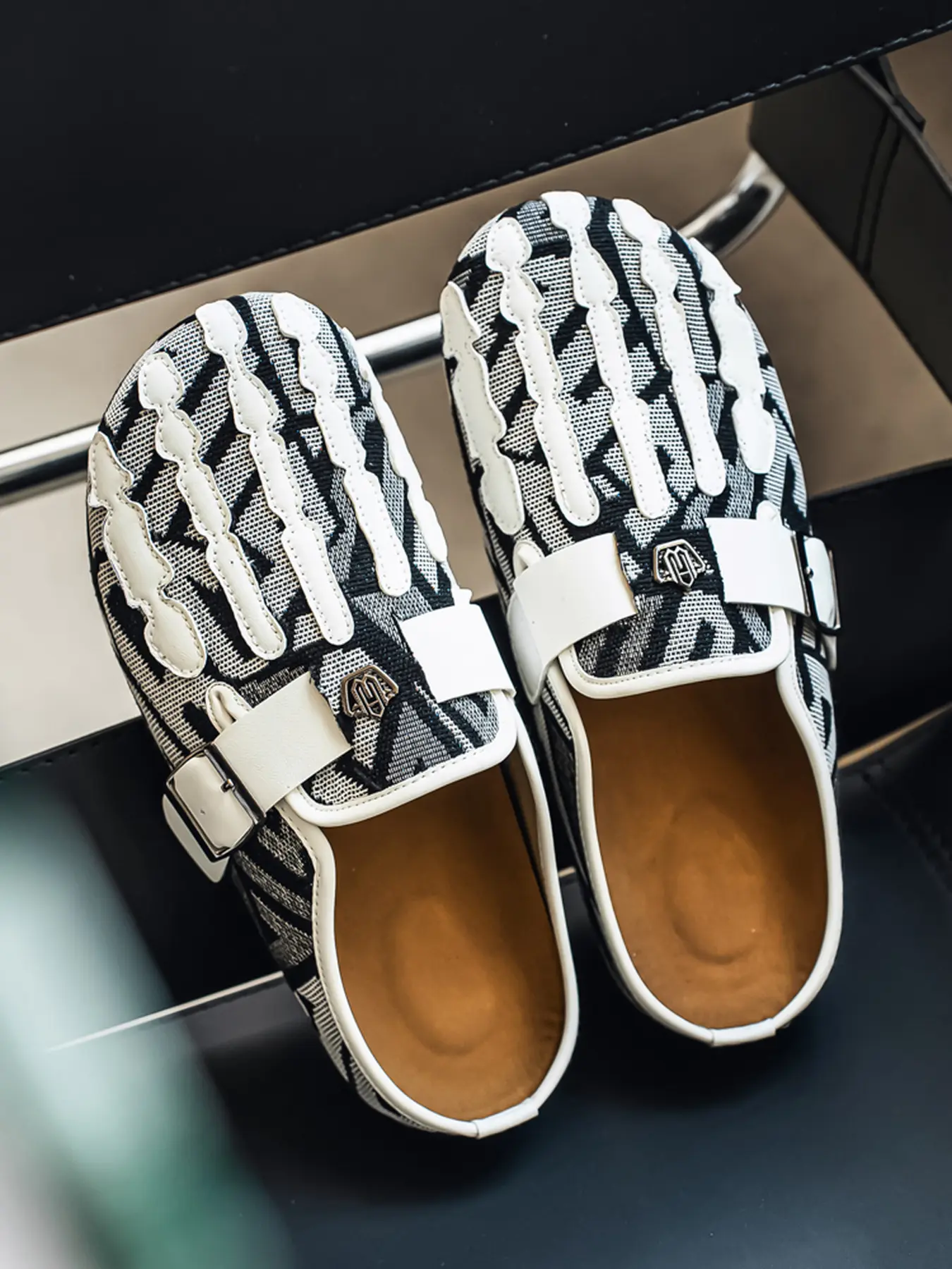 Unisex Bohemian Ethnic Pattern Skeleton Mule Clogs, Vibrant Red Woven Jacquard Upper Colorful Tribal Motifs White Skeletal Toe Slippers, Adjustable Buckle Strap Non-Slip Flat Sole, Edgy Boho Slip-On Shoes For Festival Party Daily Wear Footwear