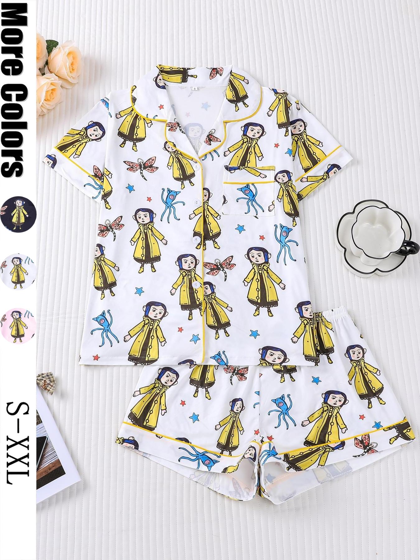 Women's Monkey Print Pajama Set, Short Sleeve Button Front Top & Elastic Shorts, Casual Home Wear, Comfortable Sleepwear, Loungewear