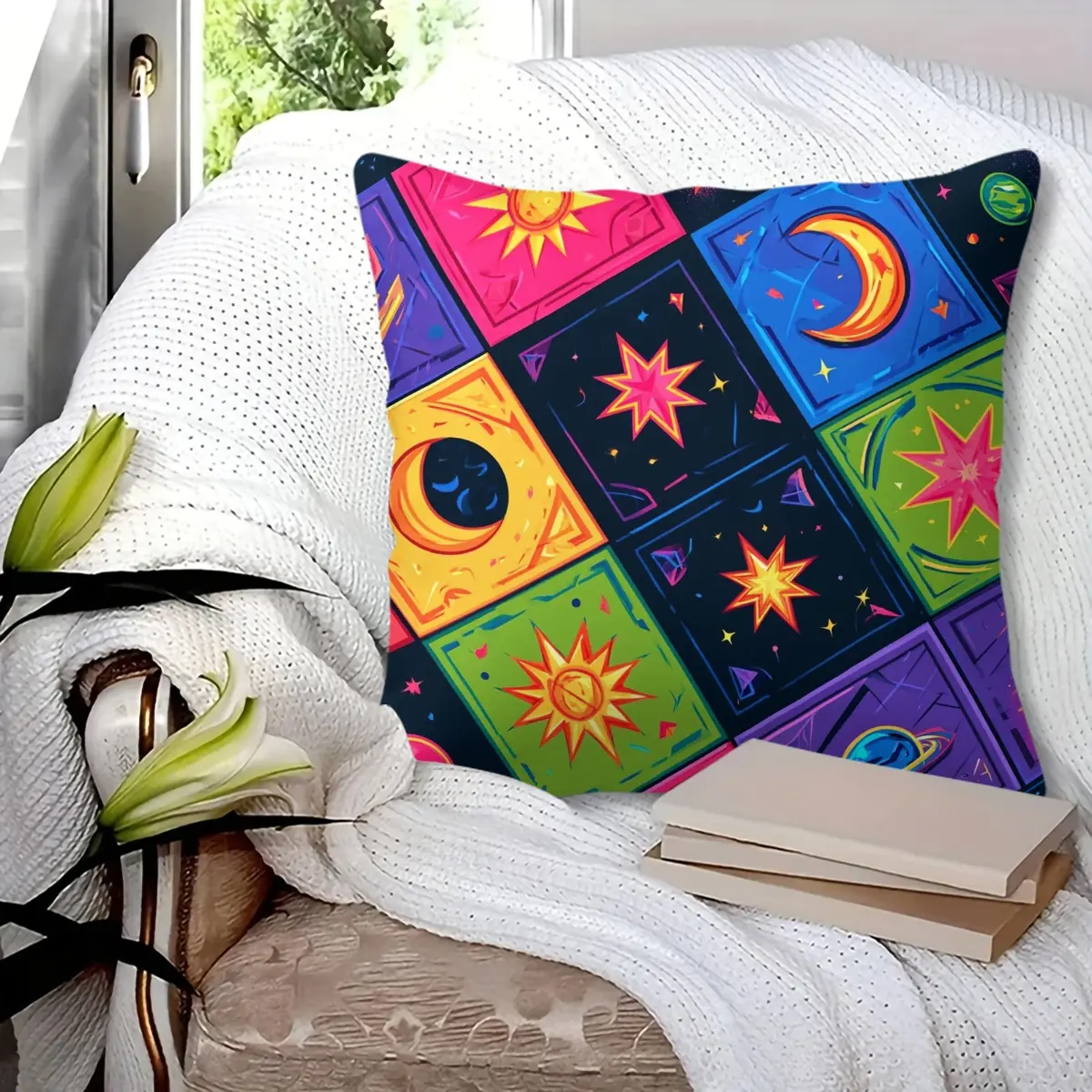 45x45cm 1Pc, Trendy Celestial Sun Moon Star Patchwork Print Throw Pillow, soft fluffy durable decorative cushion, perfect for sofa, bed, bedroom and living room decor, great small holiday gift for family and friends, includes filling