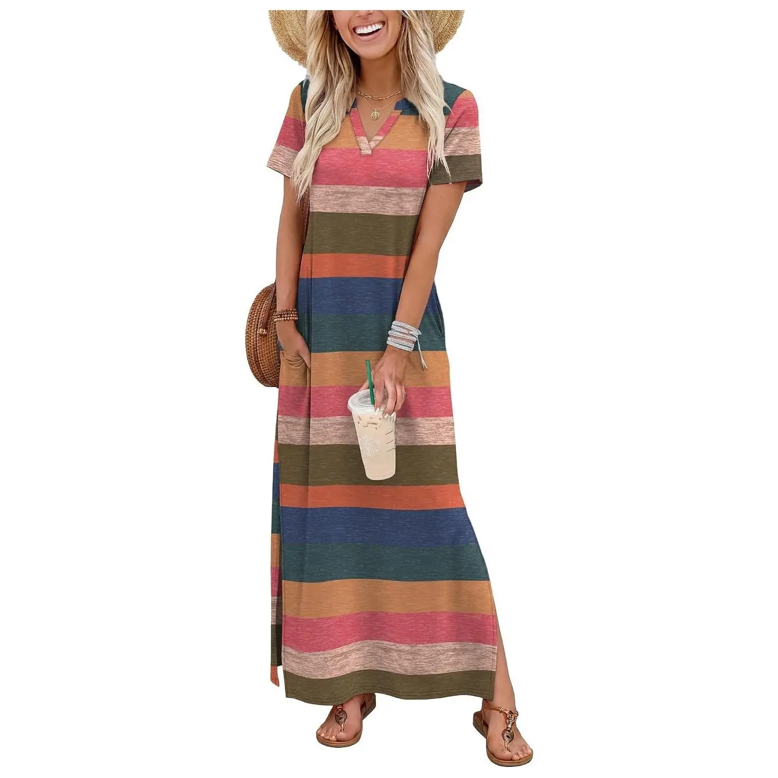 Women's Summer Maxi Dress Short Sleeve Sundress with Pockets Beach Vacation Spring Outfit 2026Gift