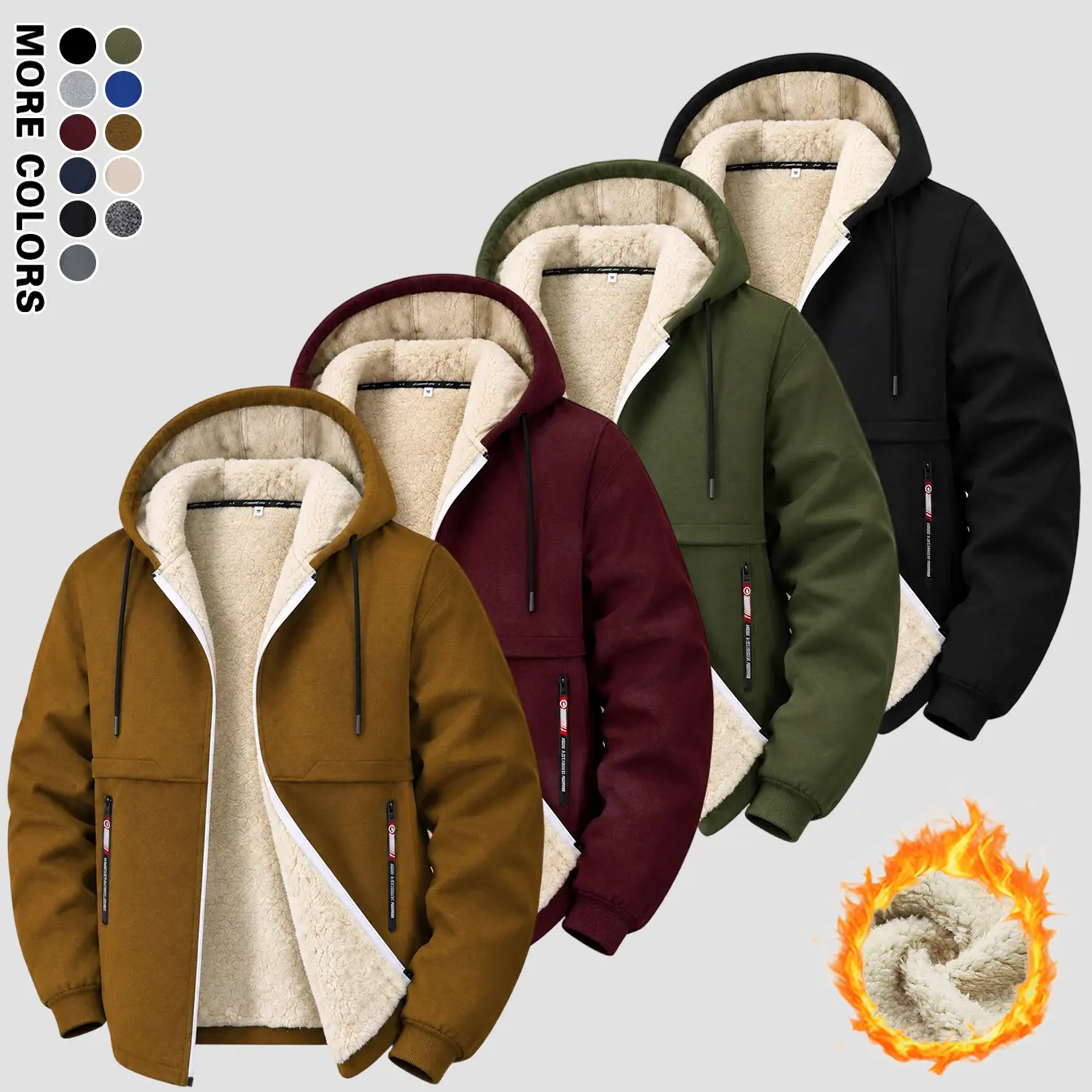 Men's 1pcs Black Medium Length Long Sleeve Hooded Fleece-Lined Thick Down Coat - Protective Cool Workwear Zip-Up Jacket with Multiple Pockets, Casual Loose-Fit Retro Tops (Autumn-Winter), Protective Men's Fleece Jackets