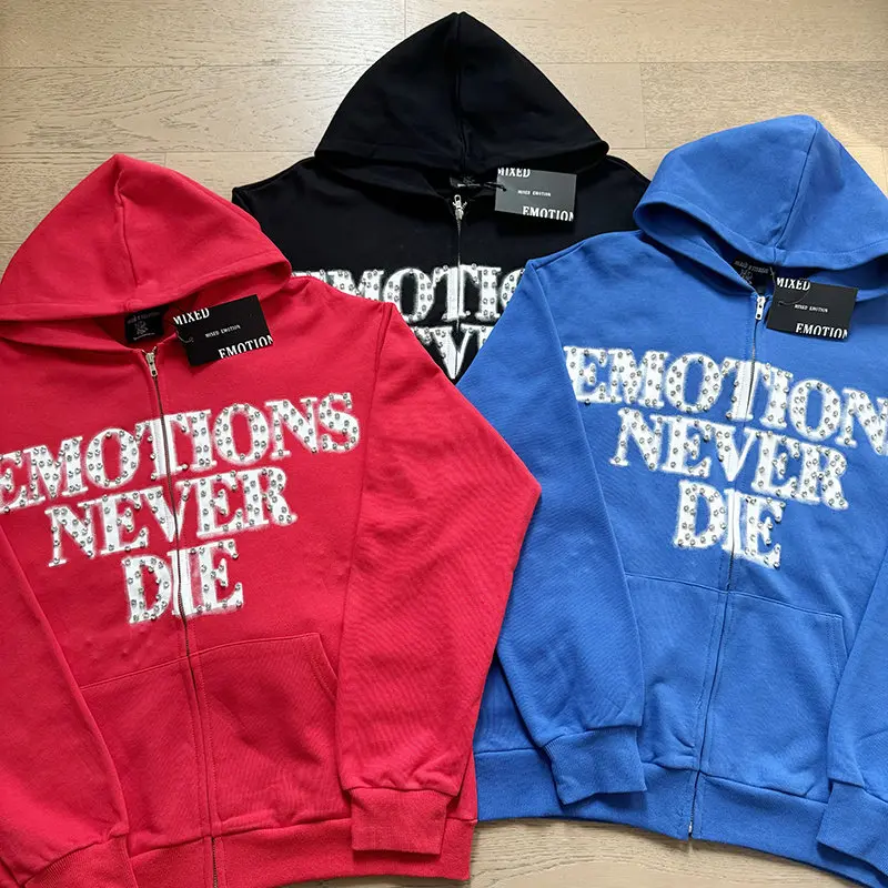 Mixed Emotion Rhinestone Hoodie, Men Streetwear Zip Up Cardigan, Red Graphic Print Y2K Gothic Hip Hop Sweatshirt, Autumn Winter Oversized Casual Hooded Jacket Unisex For Daily Street Party Night‑out Outfit
