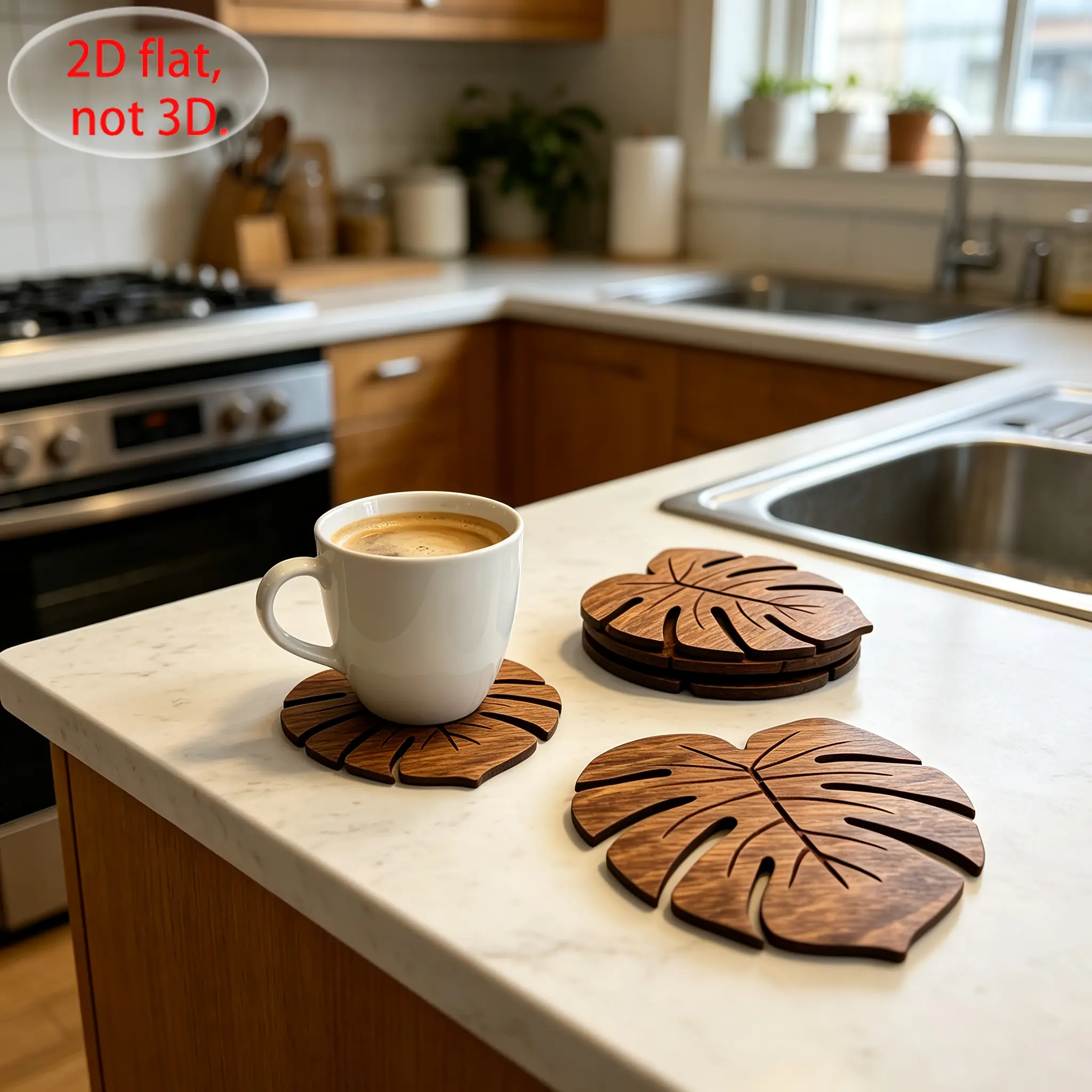 6pcs Natural Wood Coaster Set - Heat-Resistant, Non-Slip Drink & Plate Coasters with Monstera, Suitable for Christmas Gifts, for Hot Beverages, Plates, Mugs - Tableware, 2D Flat