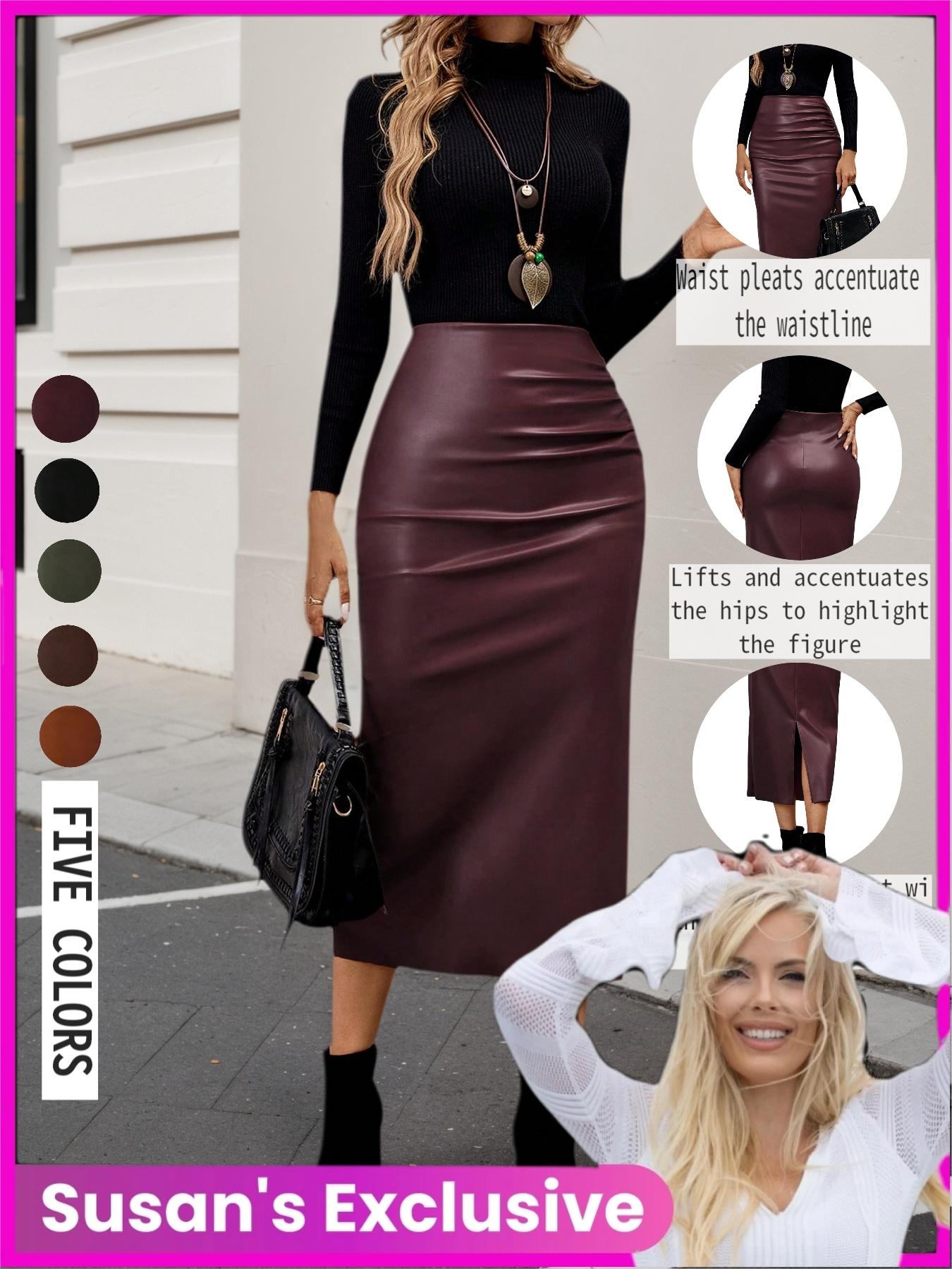 [Susan Exclusive]Women's Plain A-Line Midi Skirt for Casual Daily Wear, High Waist Split Thigh Design, All Seasons Fashion