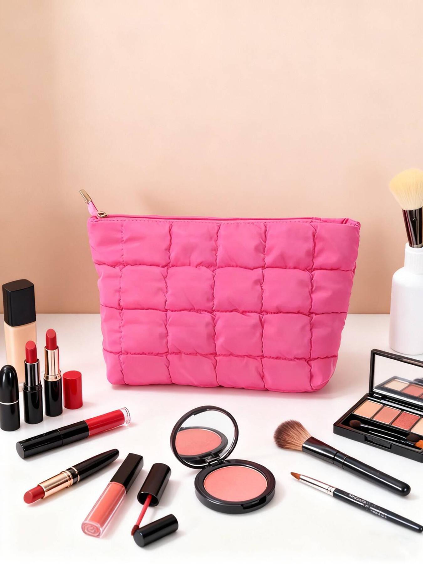 Ladies' minimalist fashion diamond-pattern makeup bag, casual textured quilted women's bag, suitable for daily business trips and travel, easy to carry, Makeup Organizer Pouch, Handheld Cosmetic Pouch