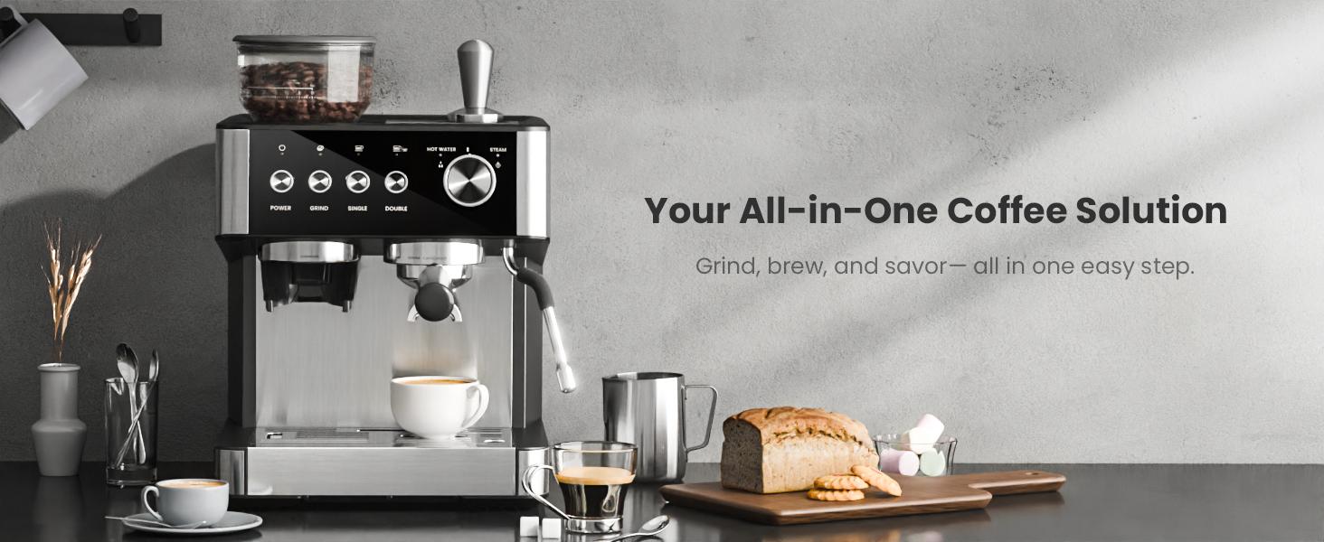 20-Bar Professional At-Home Espresso Machine with Coffee Grinder, 12+Cup Capacity, Removable Water Tank, Automatic Milk Frother, Timer, Descaling Function, 1500W Motor, US Plug - For Latte, 12 Cups & Above