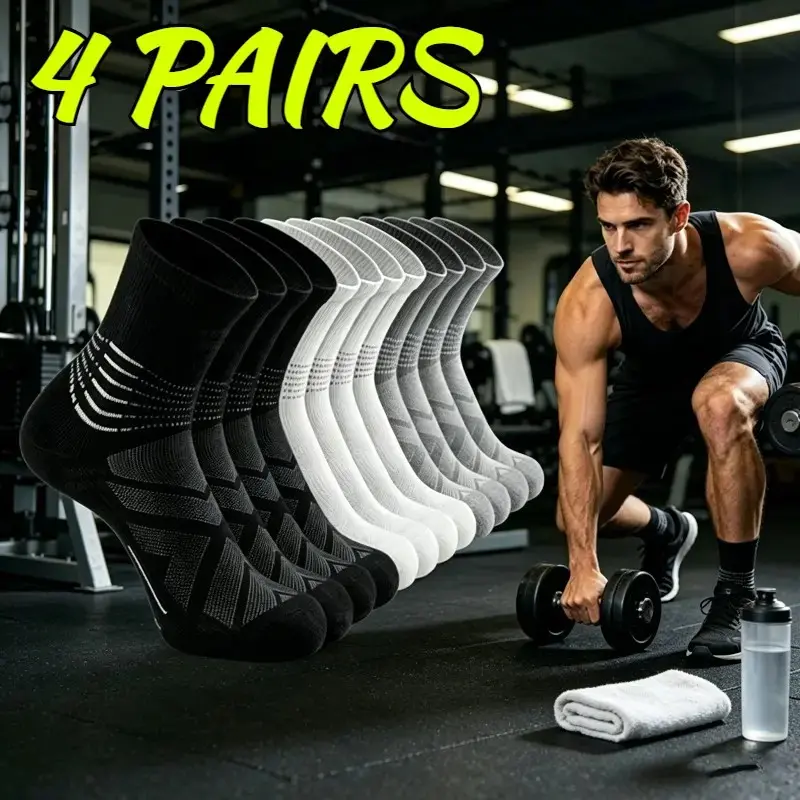 4-Pair Cotton High Compression Crew Socks with Ankle Stabilization, Stretch Athletic Gym Socks for Men & Women, Ideal for Running, Hiking