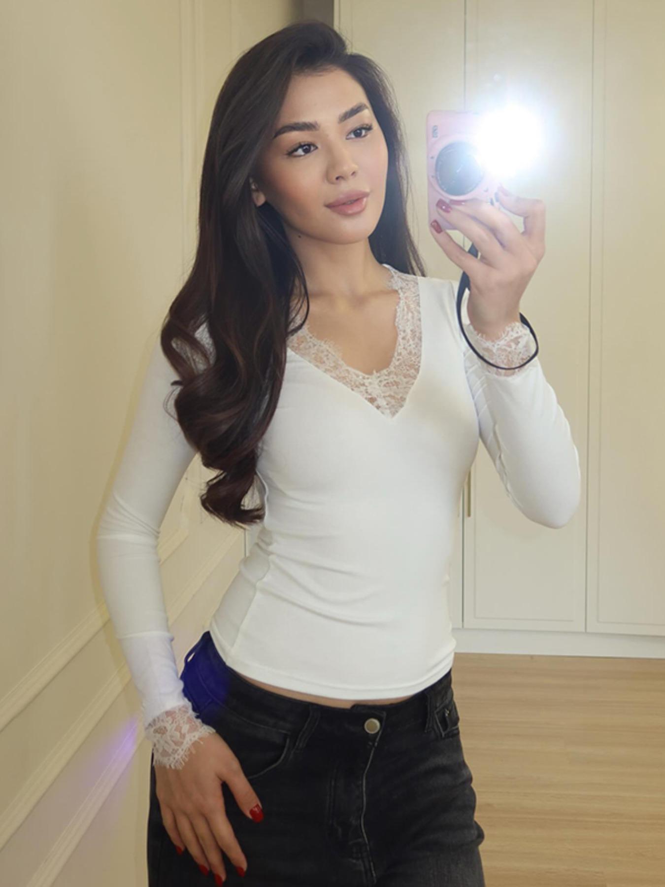 Women's Fashion Solid Color Lace Trim Long Sleeve Top, Comfortable Casual Versatile T-Shirt for Spring & Fall, Daily Wear