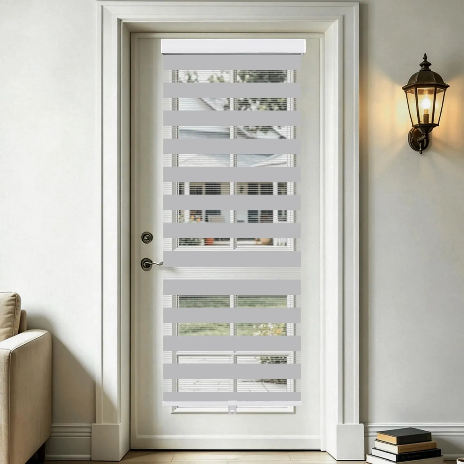 Gray Cordless Zebra Blinds for Window & French Door, Free-Stop Roller Window Shades with Valance, Light Filtering Sheer Blinds & Shades, Easy to Install