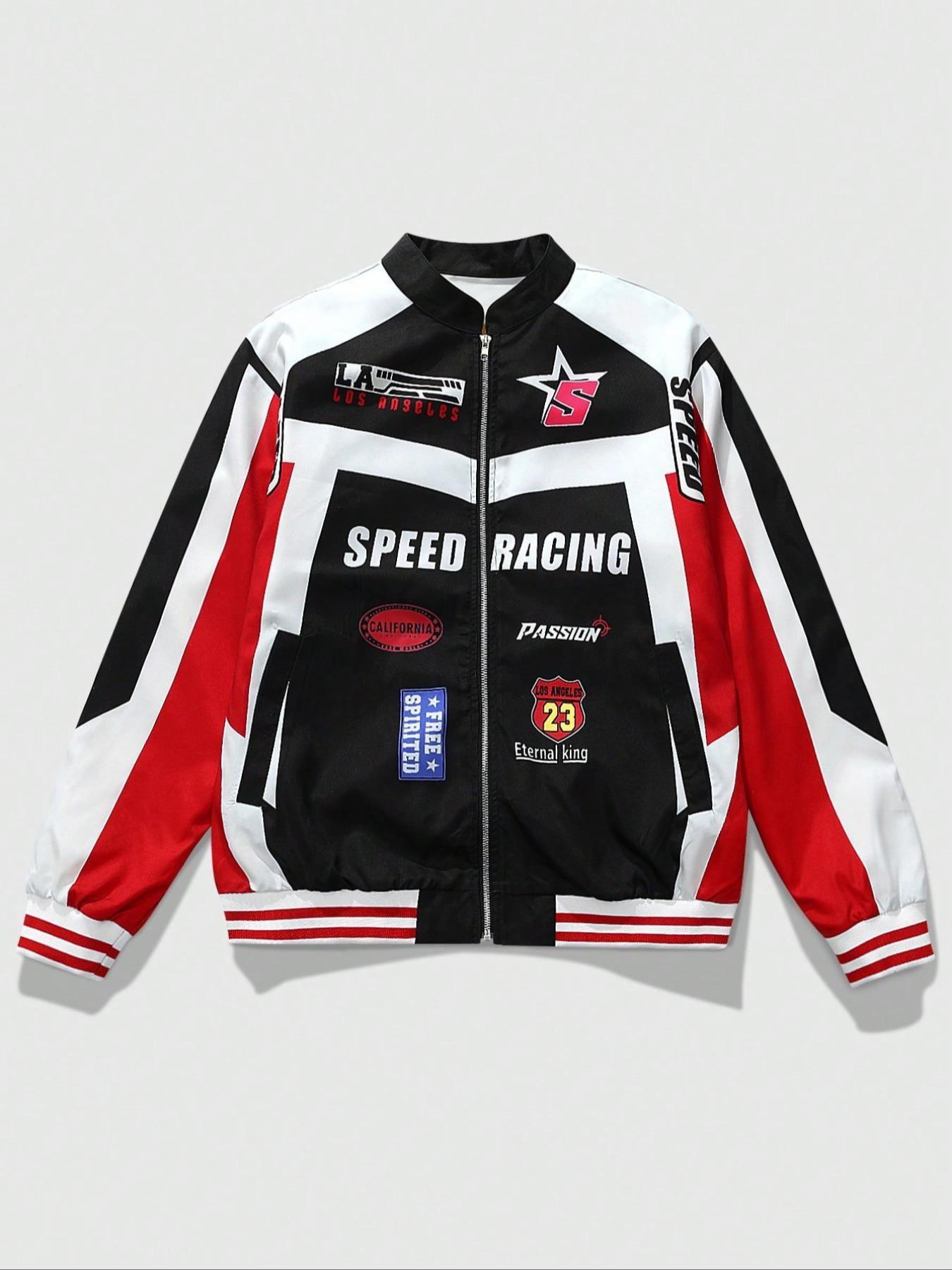 Oversized Hypebeast Racing Graphic Bomber Jacket – "SPEED RACING" & "Eternal King 23" Badge Streetwear Coat, Durable & Versatile Color Block Jacket for Casual Hangouts, School & Retro Aesthetic Outfits
